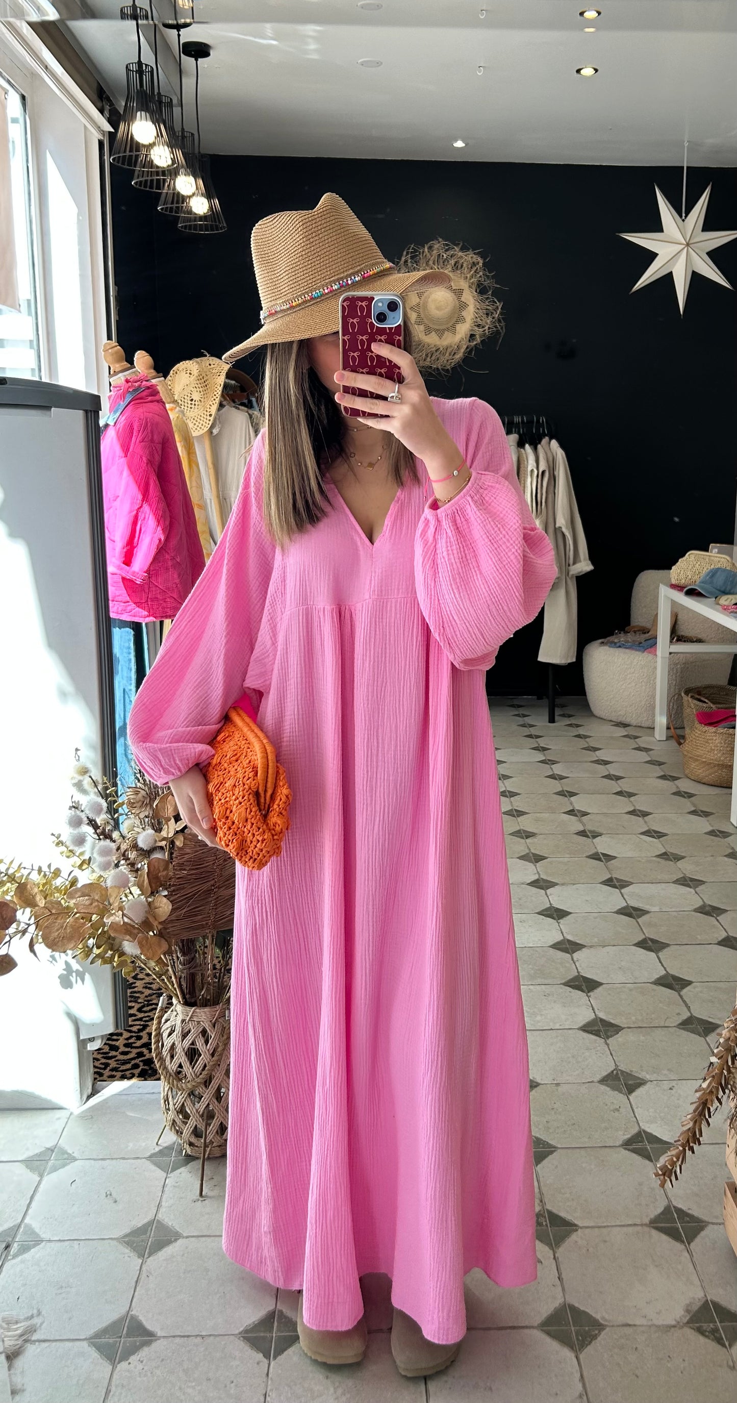 Robe longue en gaze de coton rose