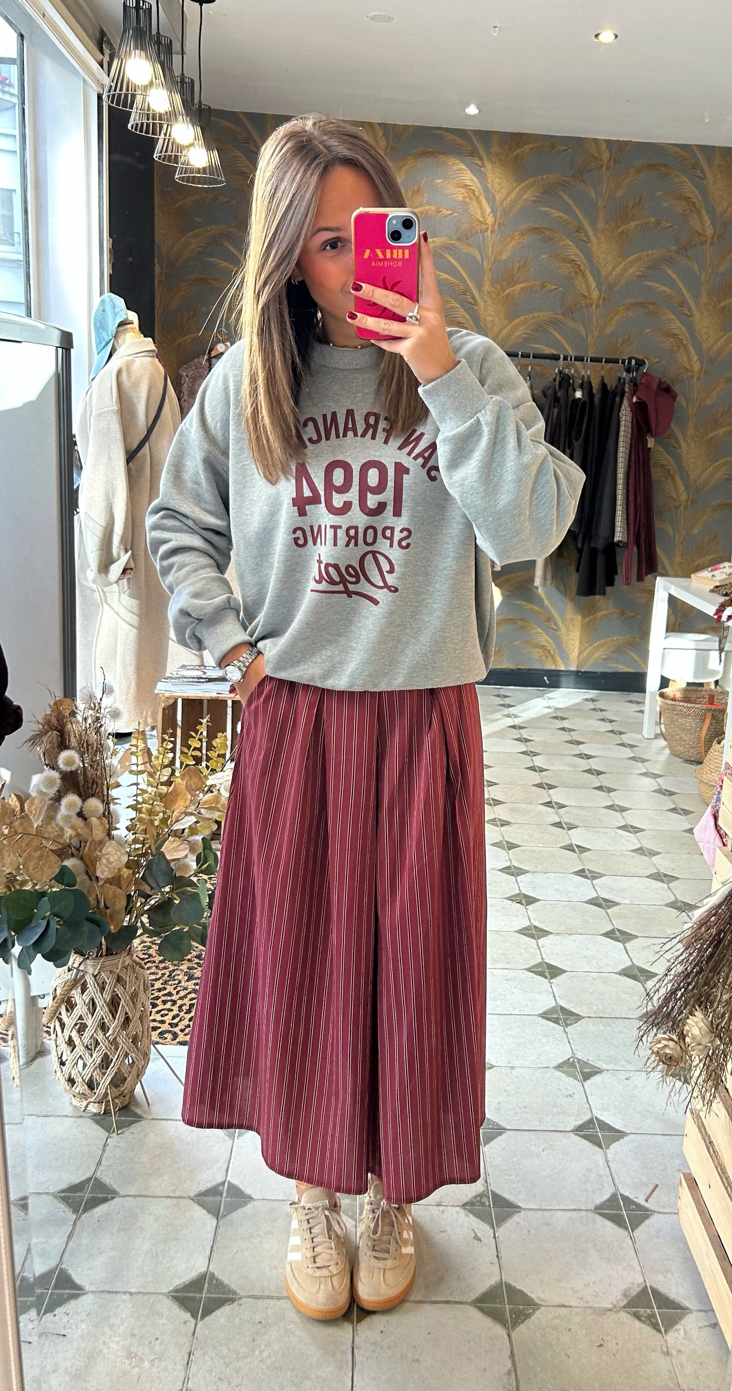 Jupe longue Marlène avec des rayures bordeaux - Johanna Paris