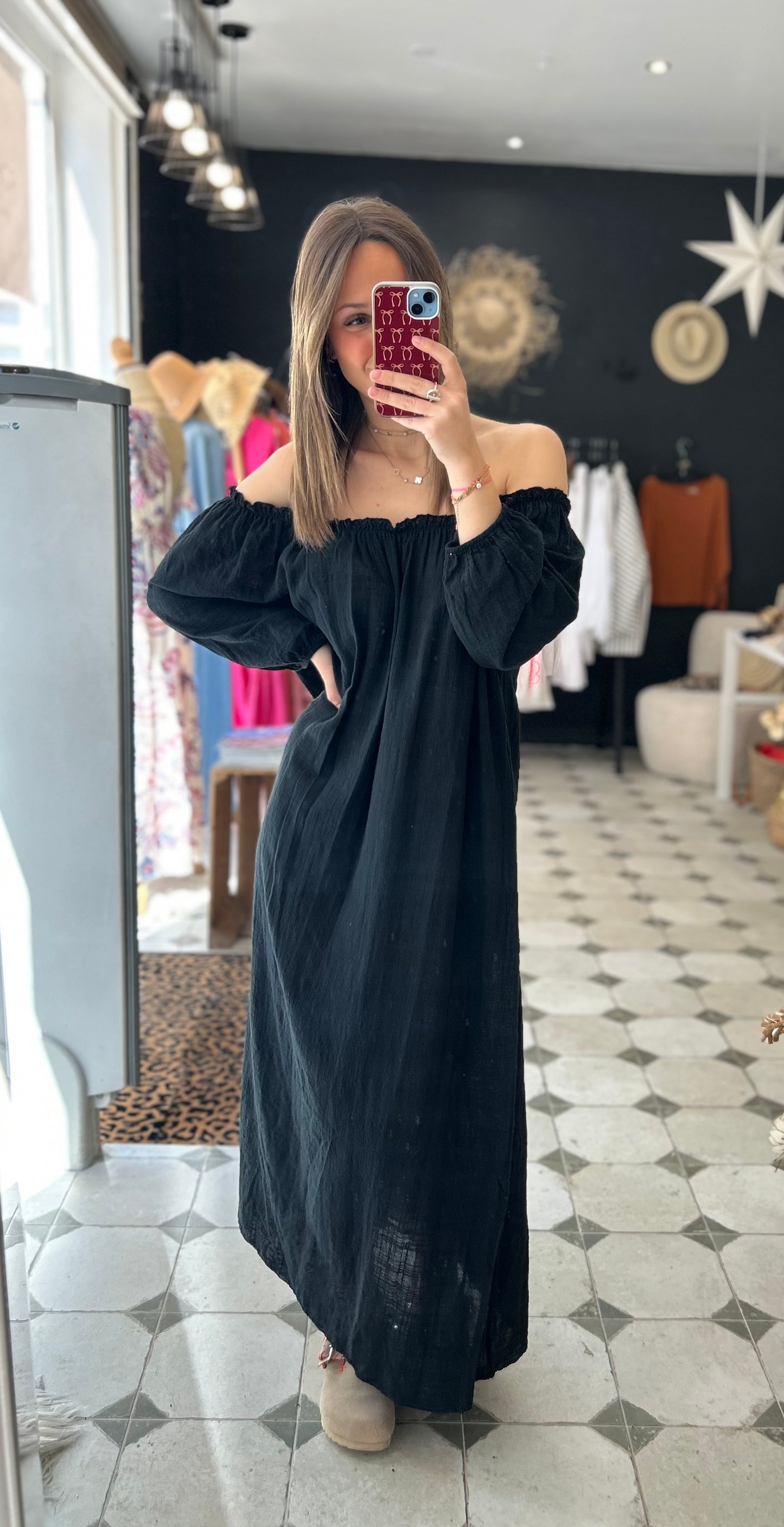Robe longue col bardot noire - Johanna Paris