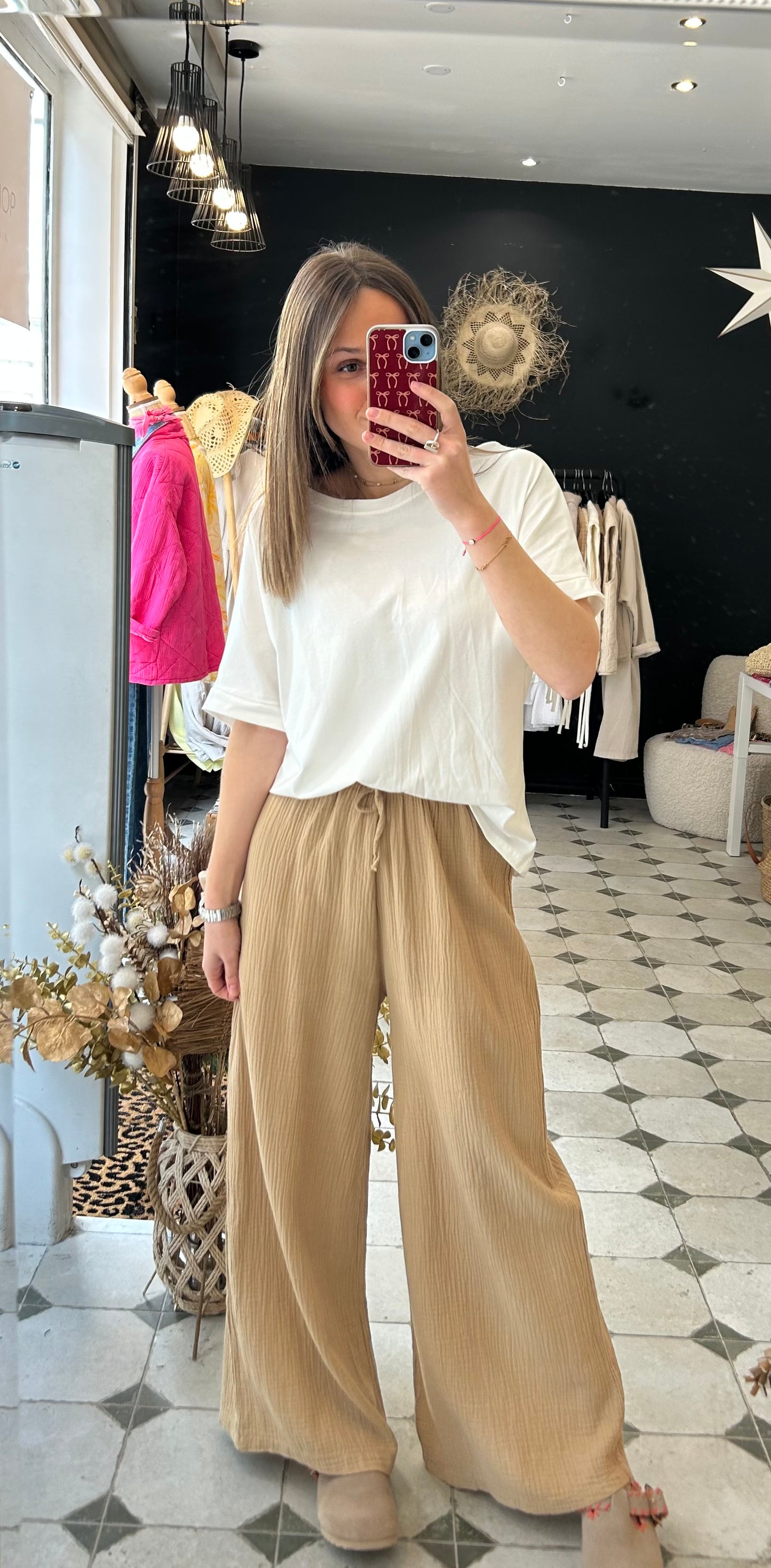 Pantalon fluide en Gaze de coton camel