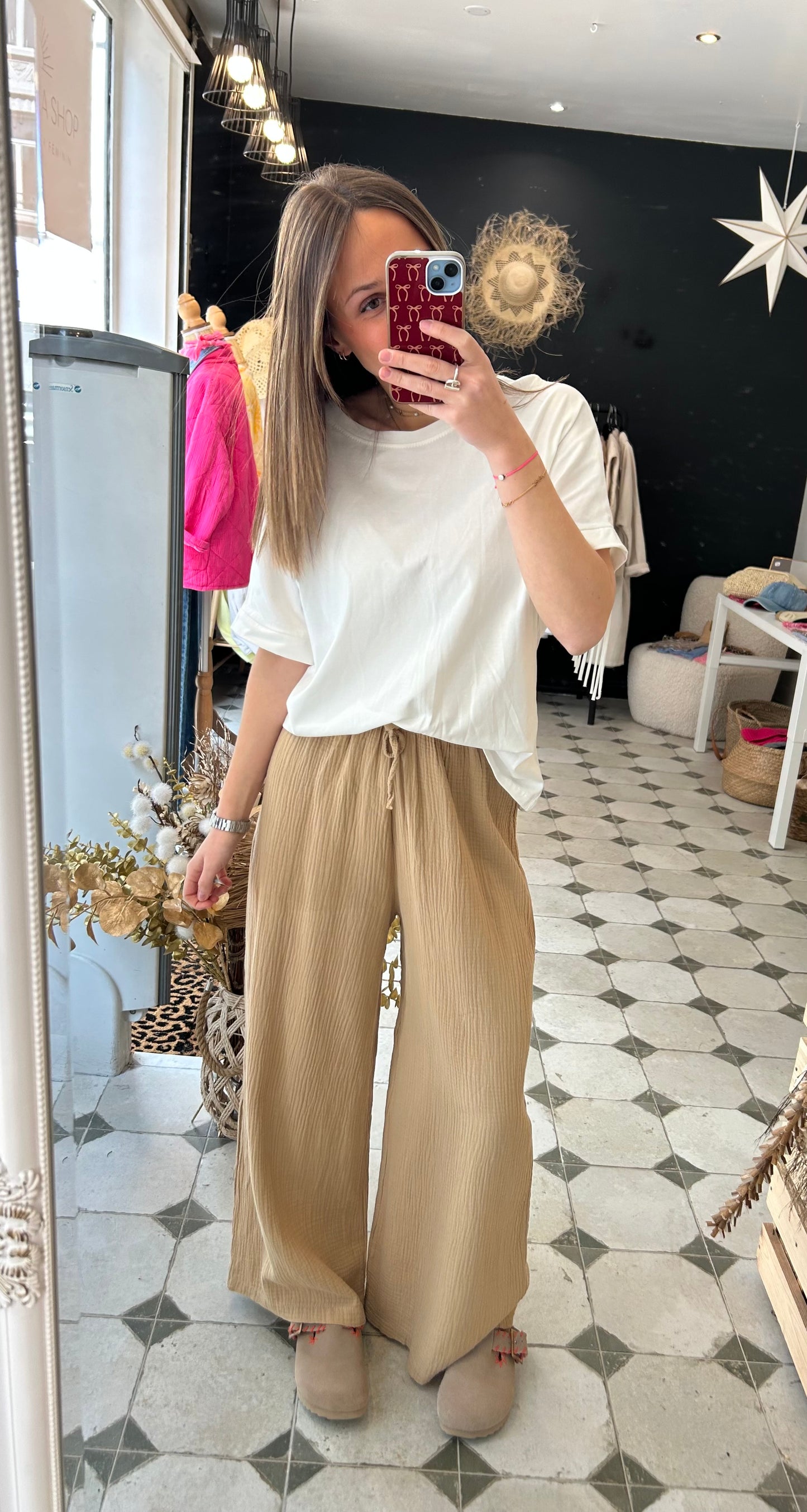 Pantalon fluide en Gaze de coton camel