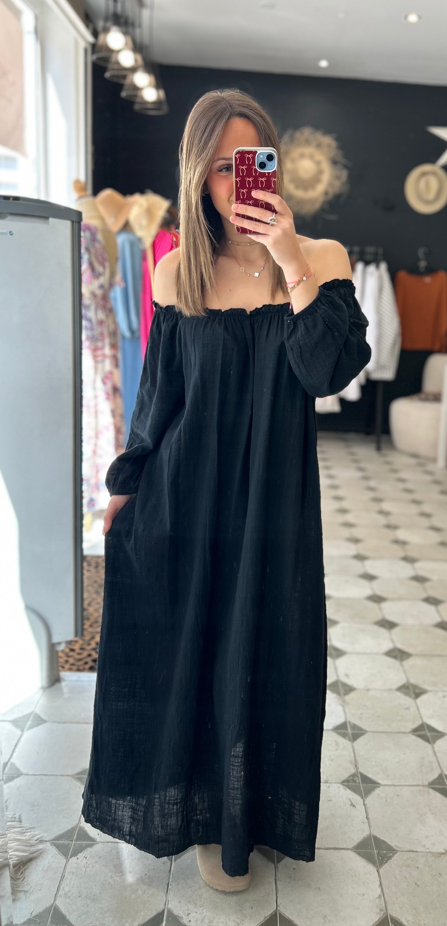 Robe longue col bardot noire - Johanna Paris