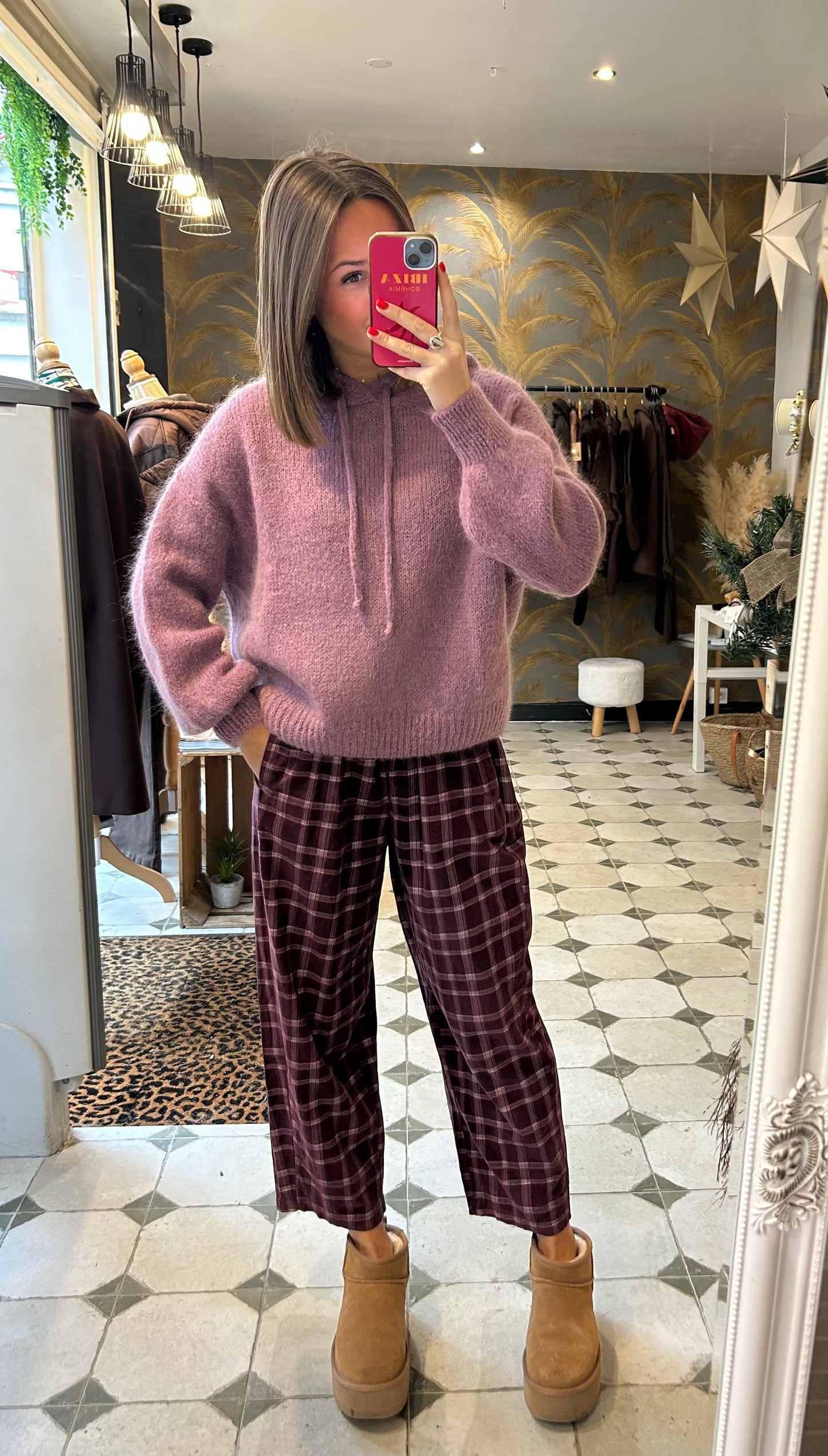 Pantalon Magique en velours à carreaux prune - Johanna Paris