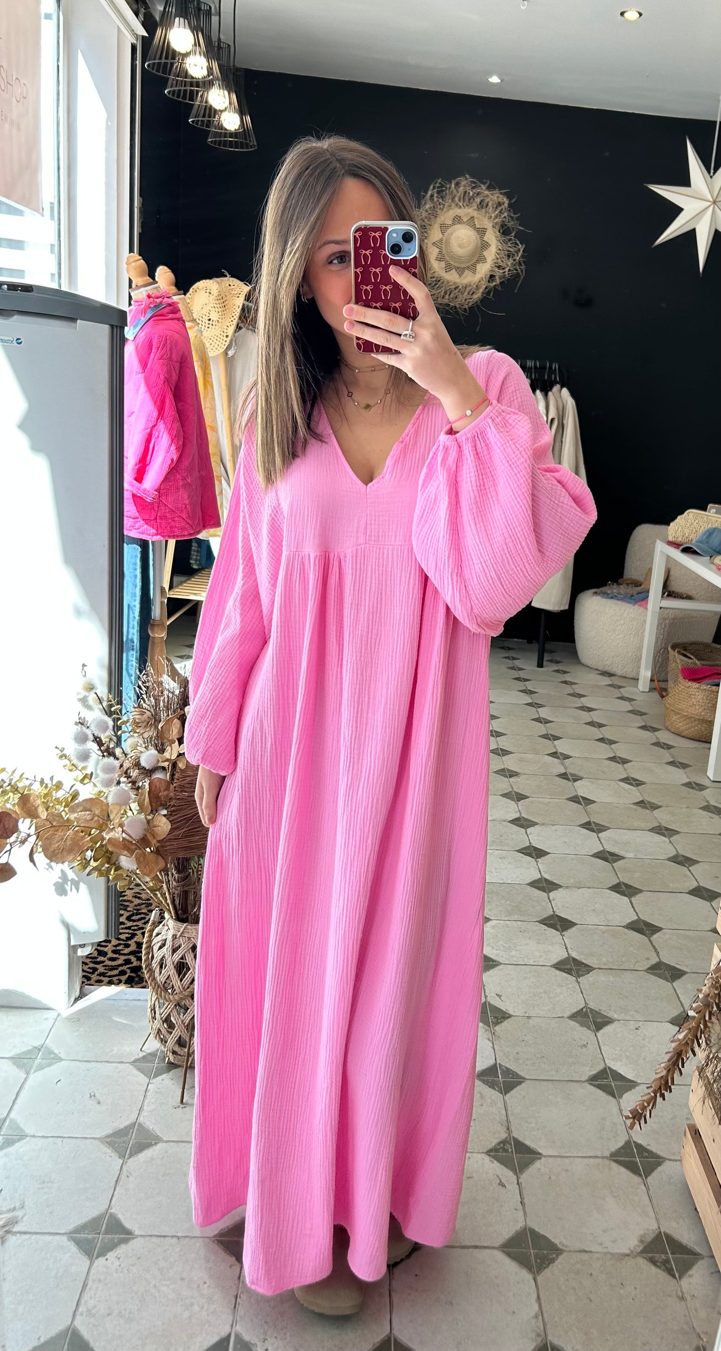 Robe longue en gaze de coton rose