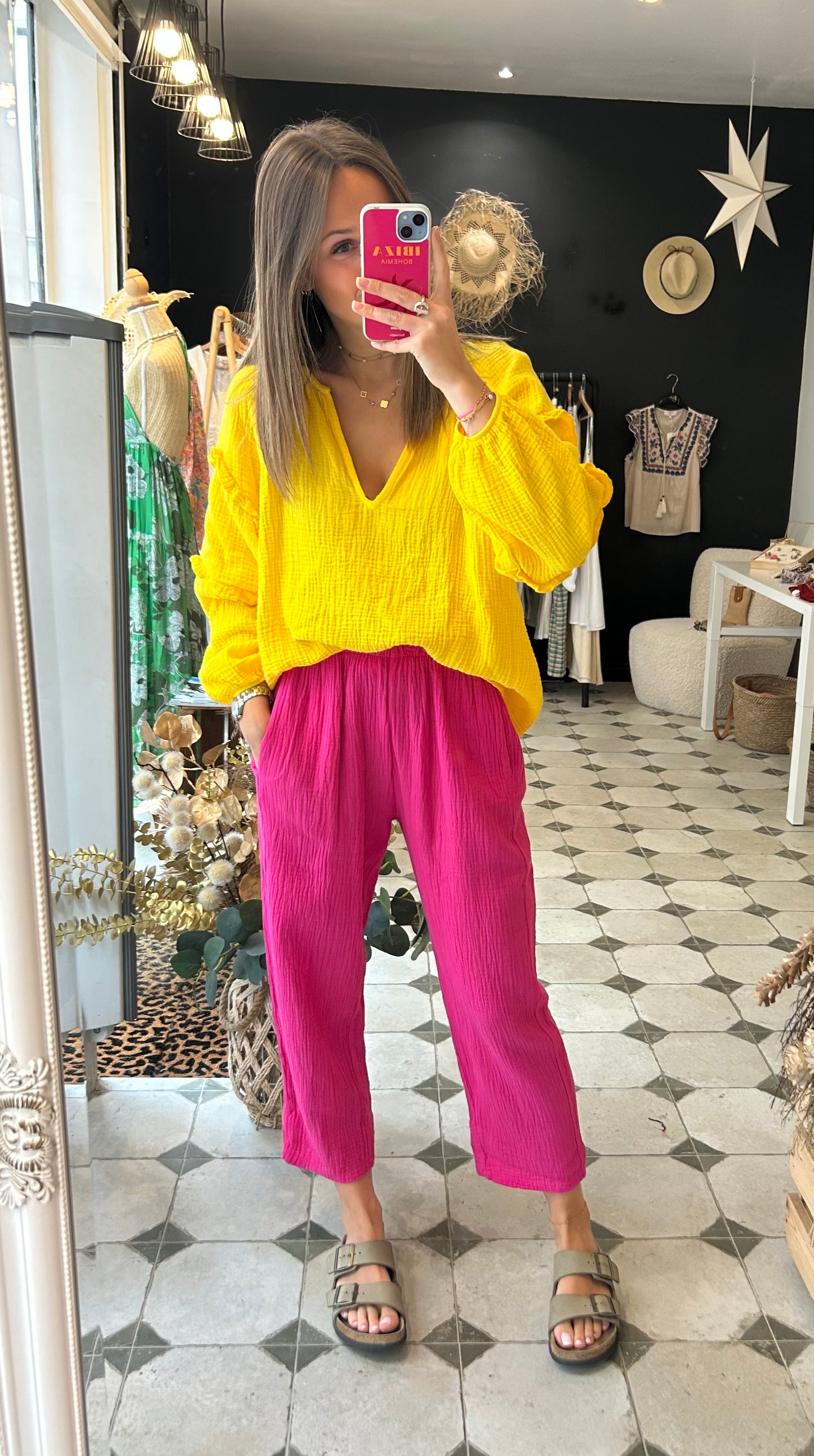 Pantalon Magique en gaze de coton rose fuchsia- Johanna Paris