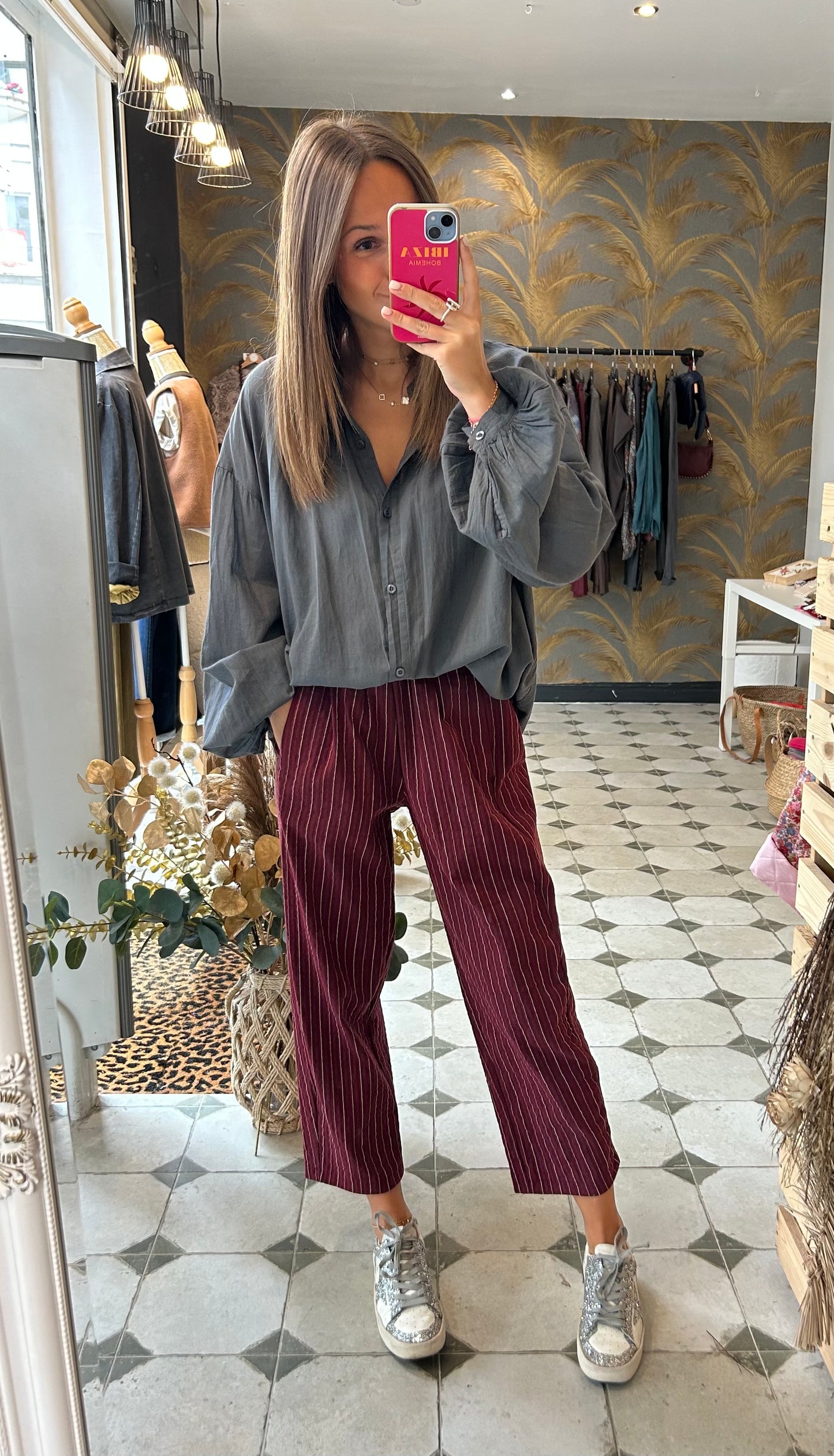 Pantalon Magique rayé bordeaux- Johanna Paris