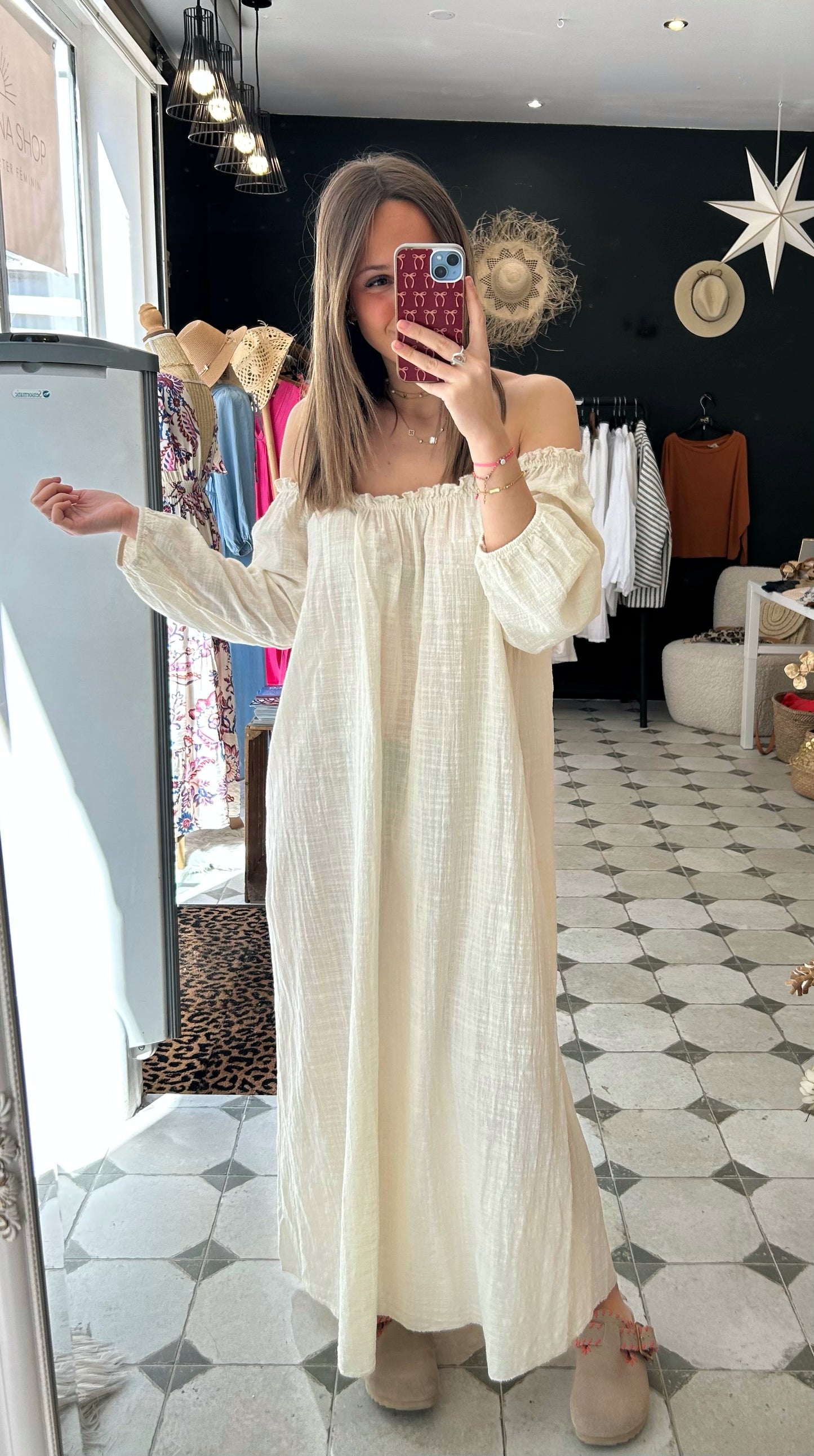 Robe longue col bardot écru - Johanna Paris