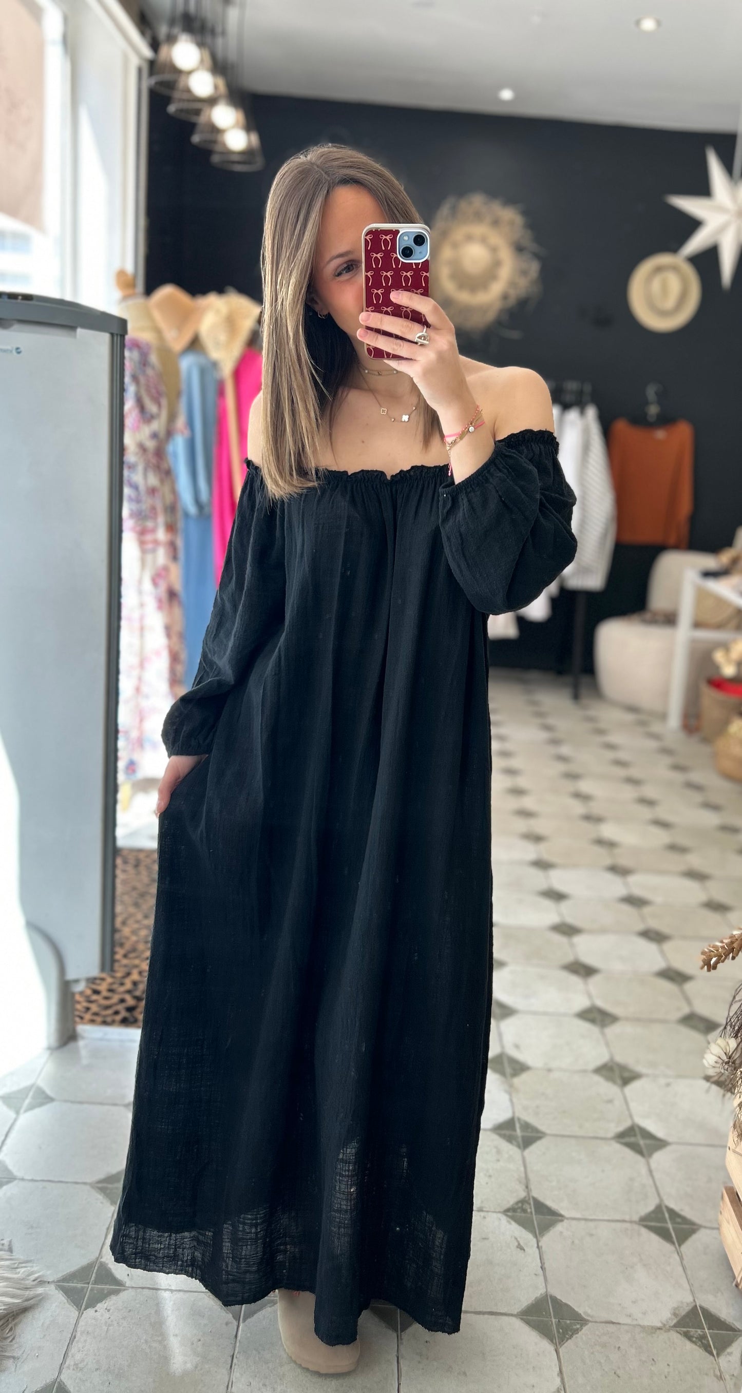 Robe longue col bardot noire - Johanna Paris