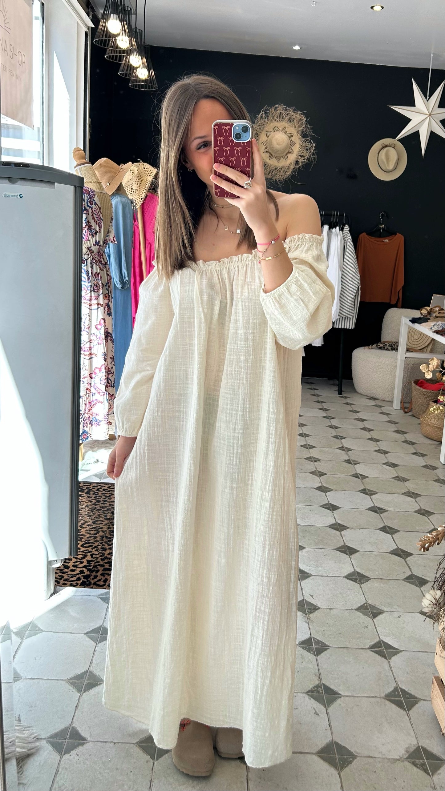 Robe longue col bardot écru - Johanna Paris