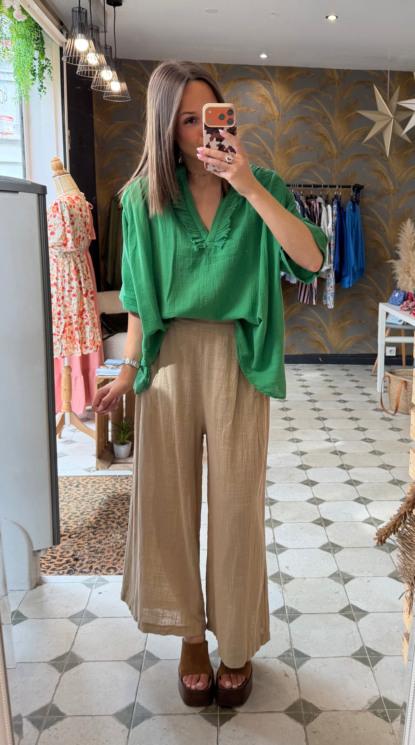 Blouse Aria manches courtes verte en coton - Johanna Paris