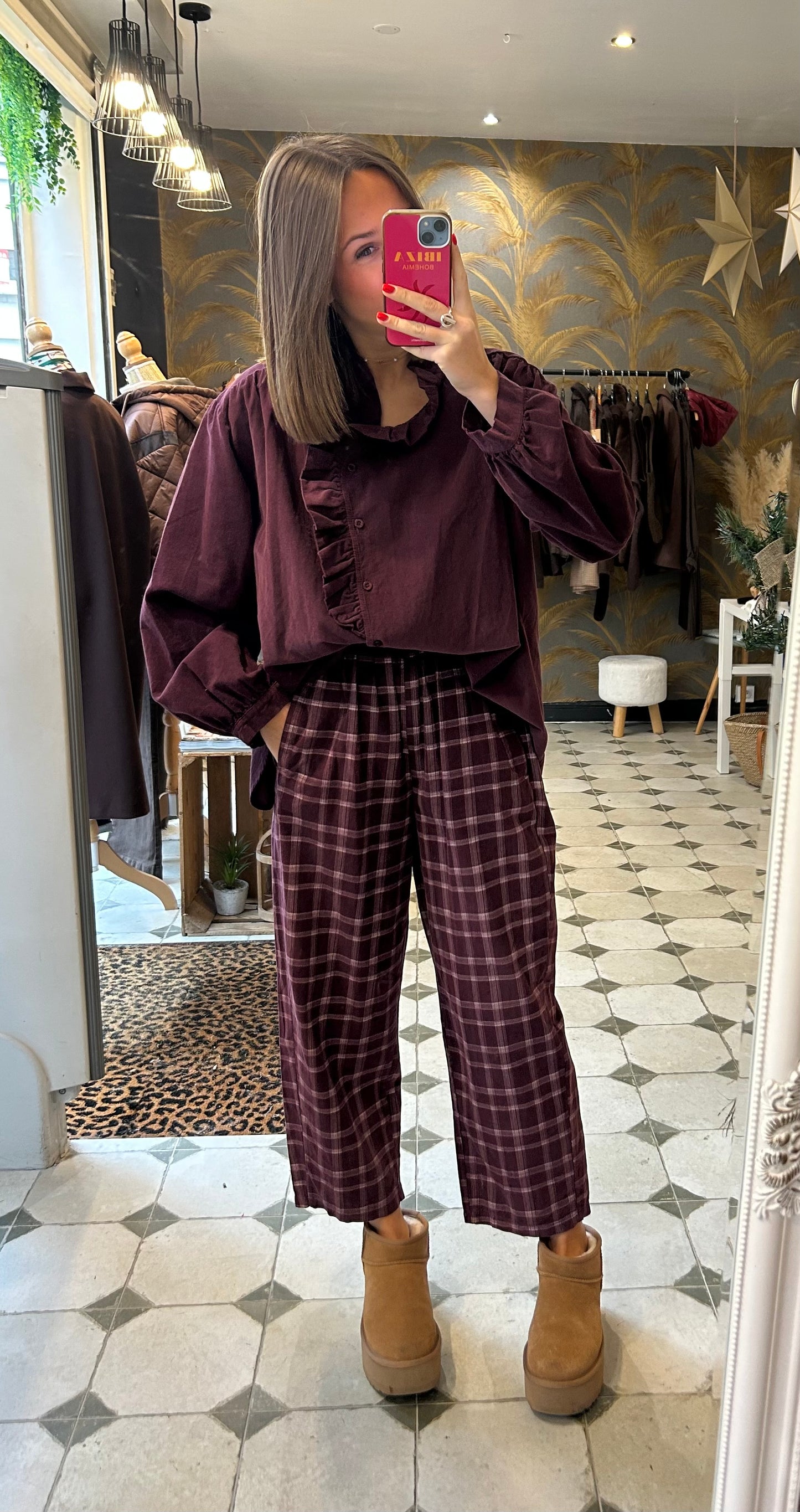 Pantalon Magique en velours à carreaux prune - Johanna Paris