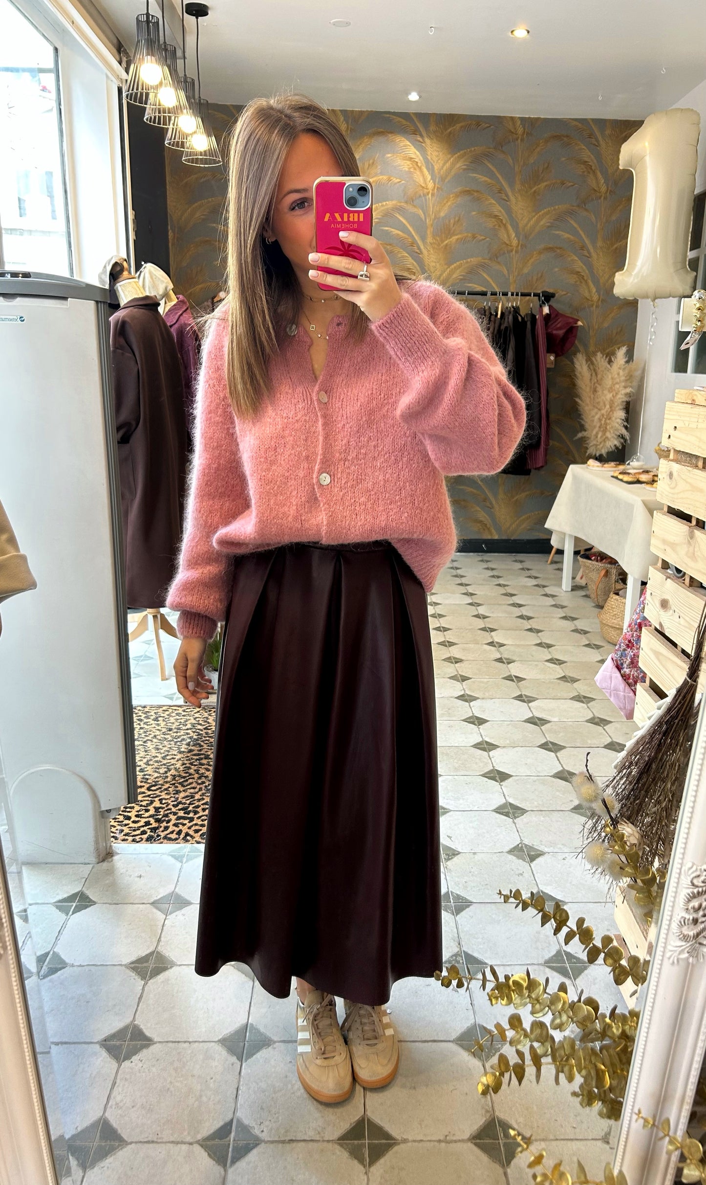 Jupe longue Marlène en simili-cuir prune - Johanna Paris