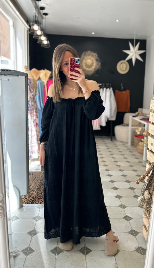 Robe longue col bardot noire  - Johanna Paris
