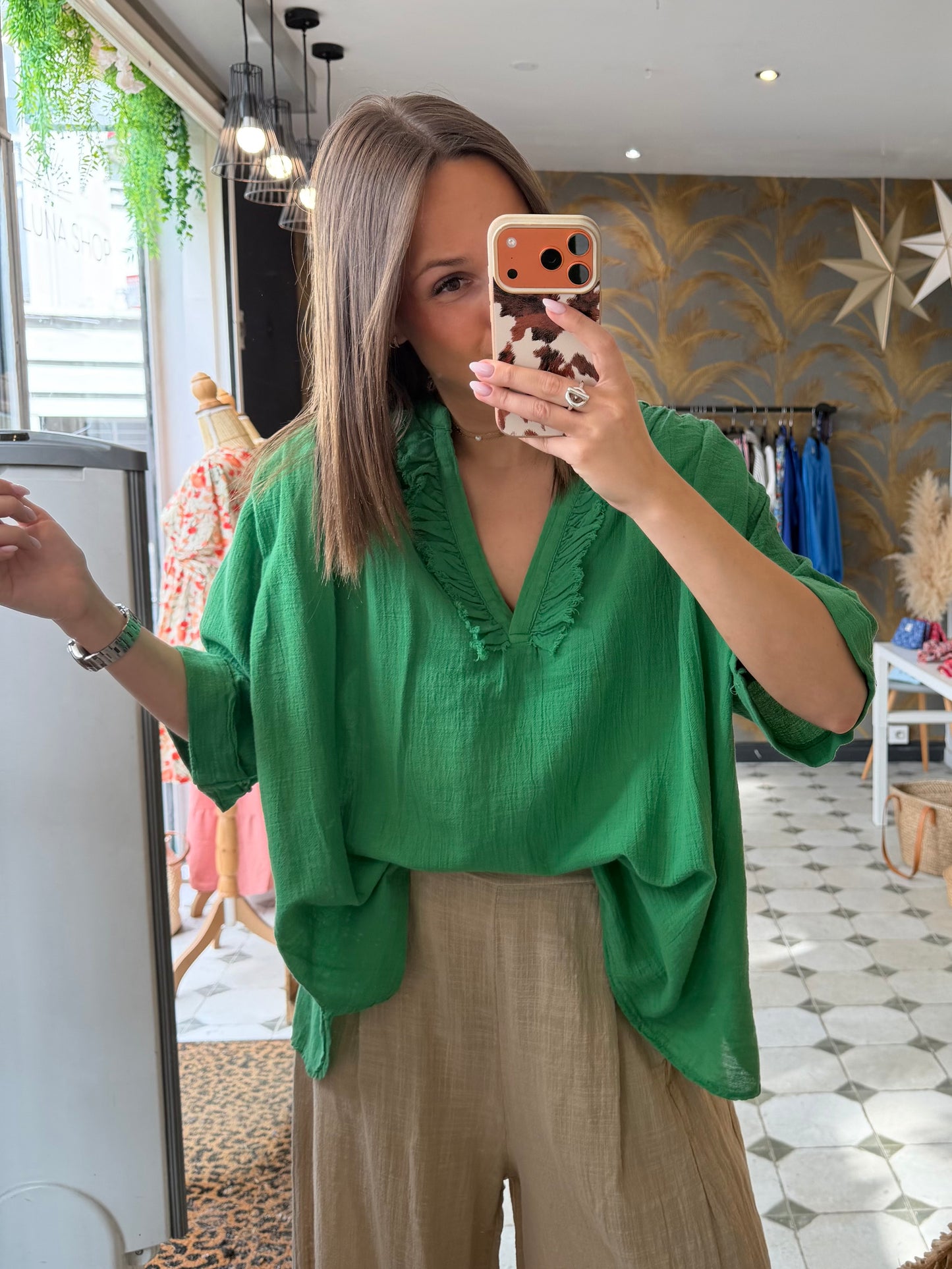 Blouse Aria manches courtes verte en coton - Johanna Paris