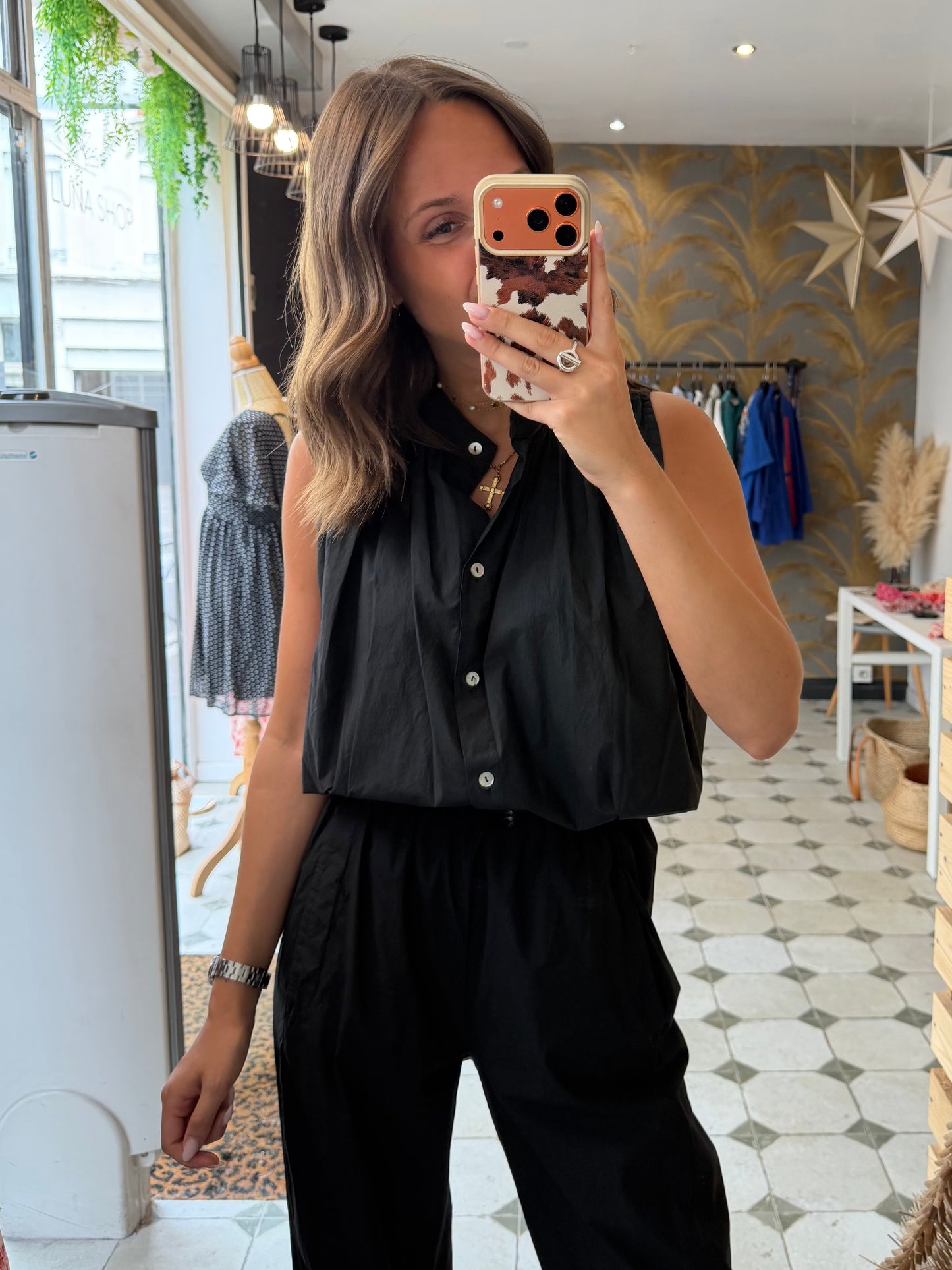 Chemise Clémentine sans manches en toile parachute noir - Johanna Paris