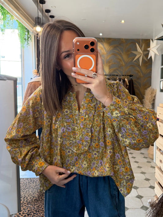 Blouse Flowers bleu jaune - Johanna Paris