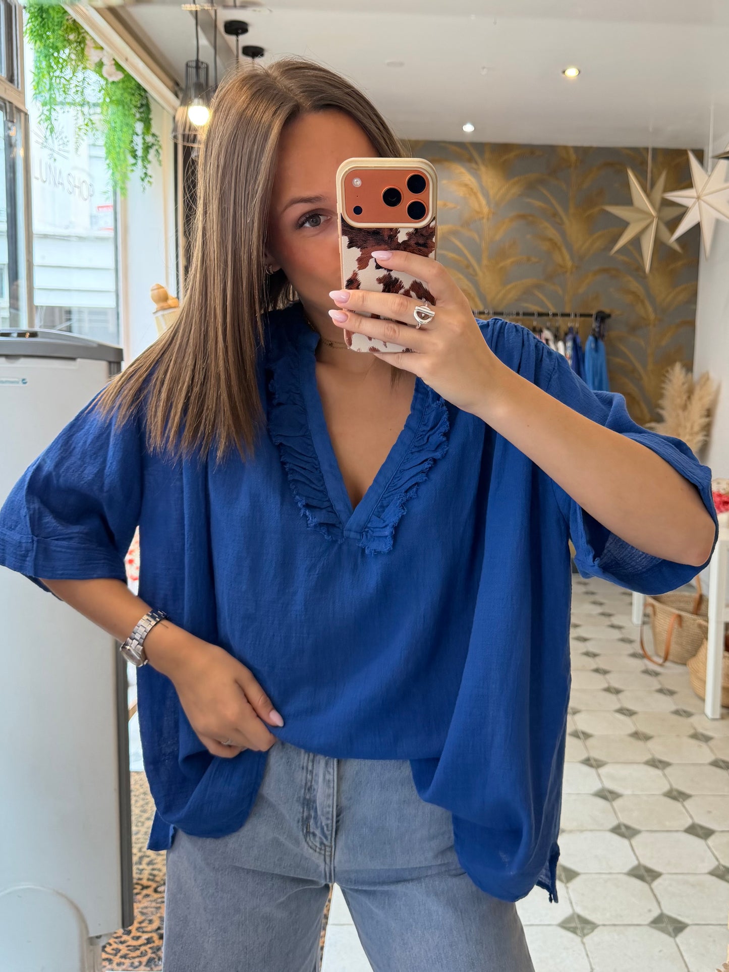 Blouse Aria manches courtes bleu électrique en coton - Johanna Paris