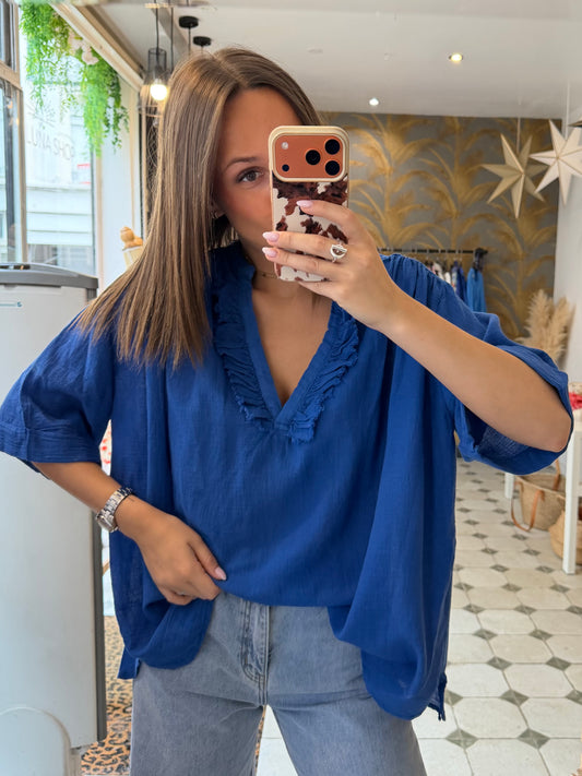 Blouse Aria manches courtes bleu électrique en coton - Johanna Paris