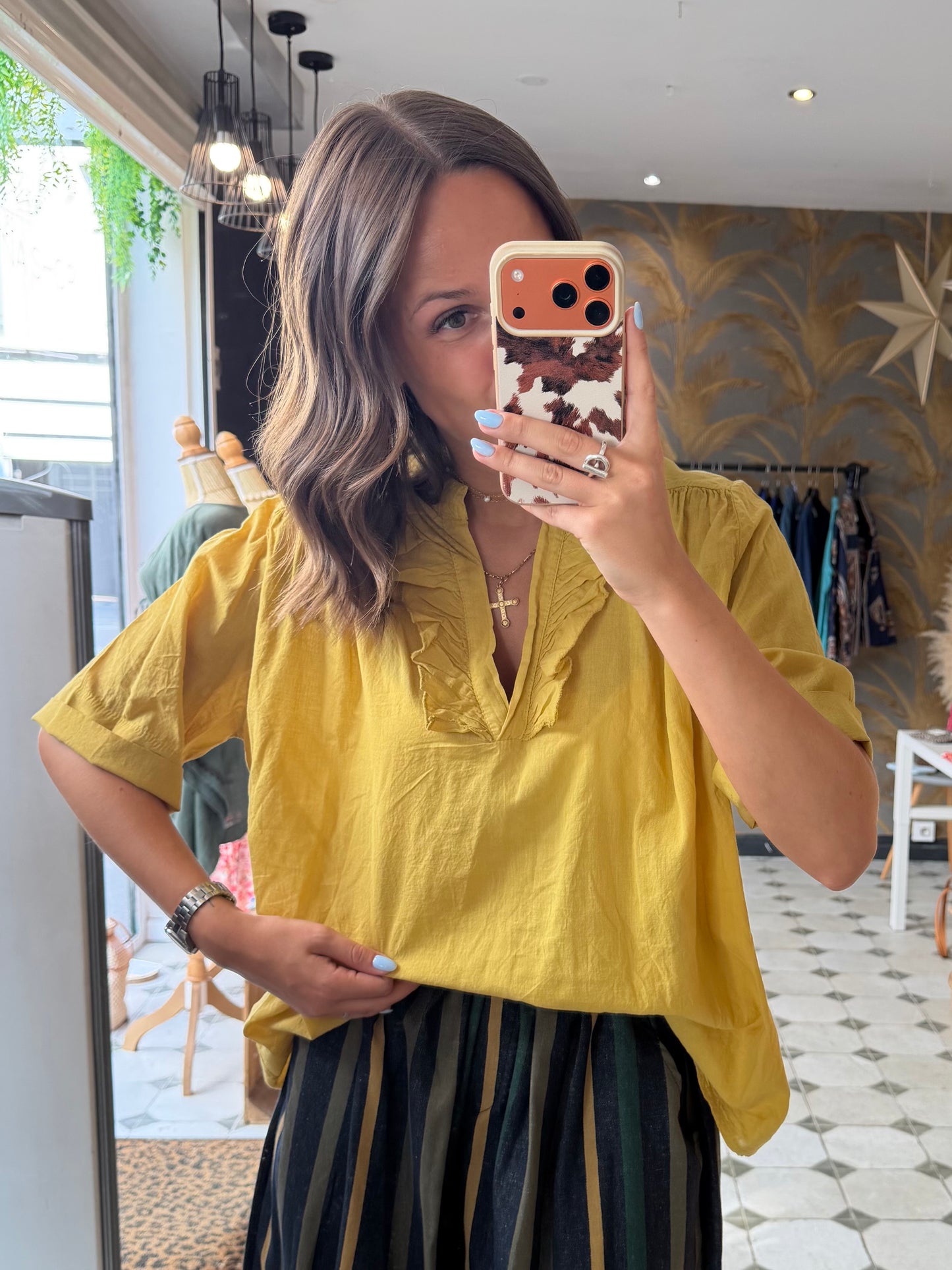 Blouse Aria manches courtes jaune en coton - Johanna Paris