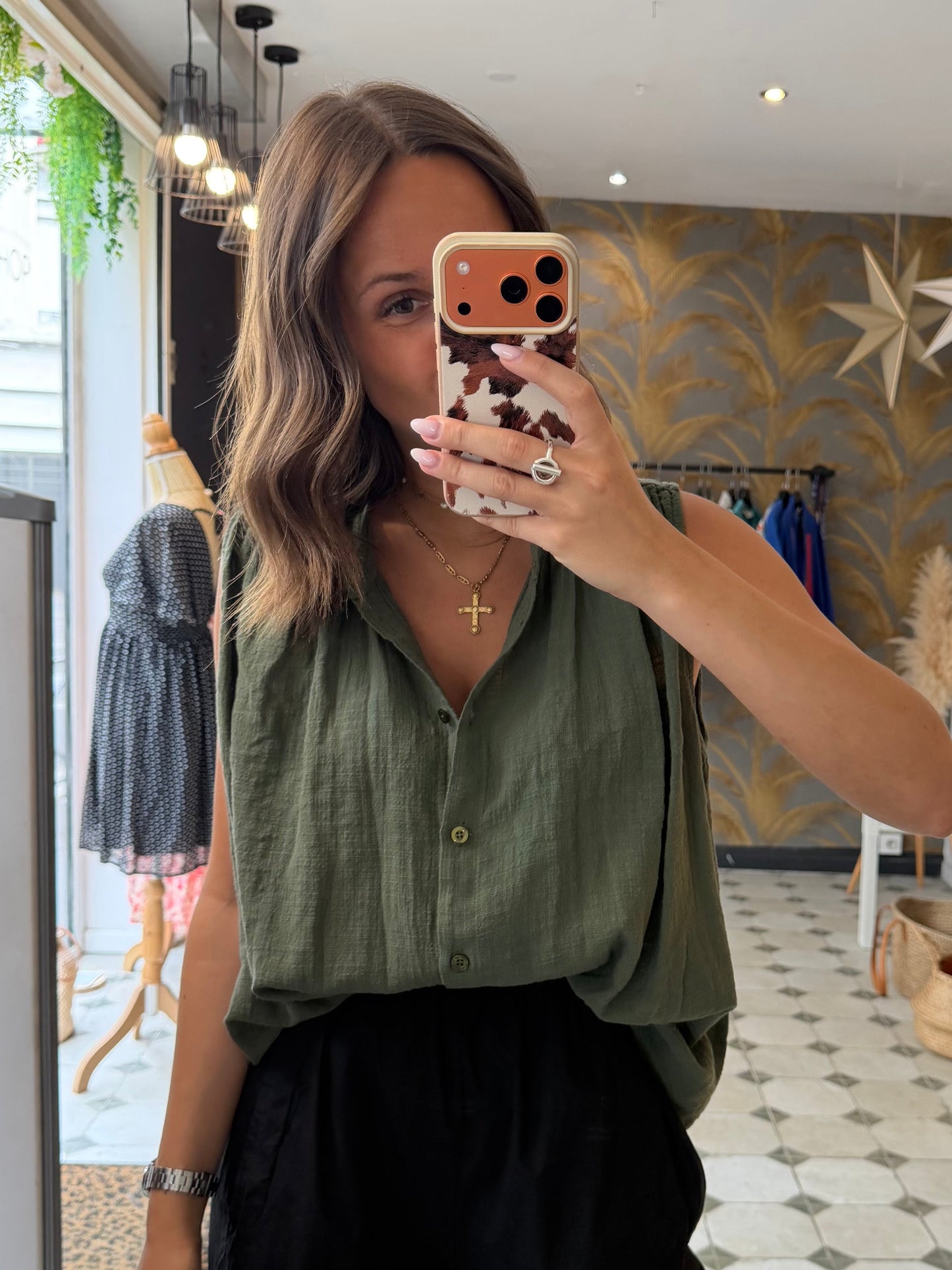 Chemise Clémentine sans manches en garza kaki - Johanna Paris
