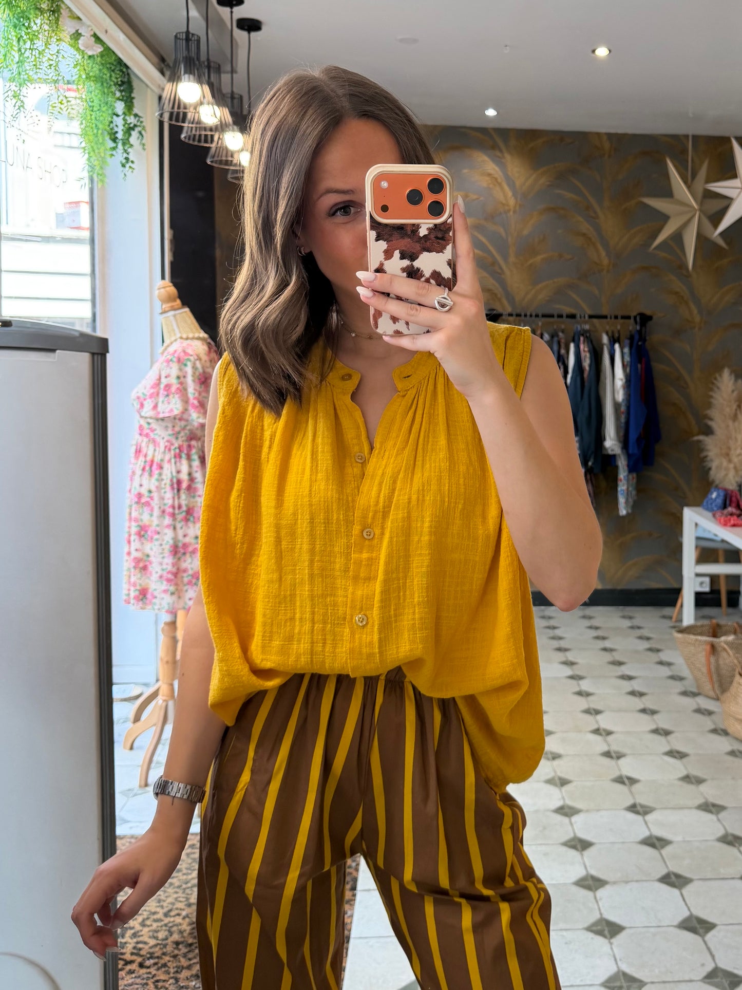 Chemise Clémentine sans manches en garza curry - Johanna Paris