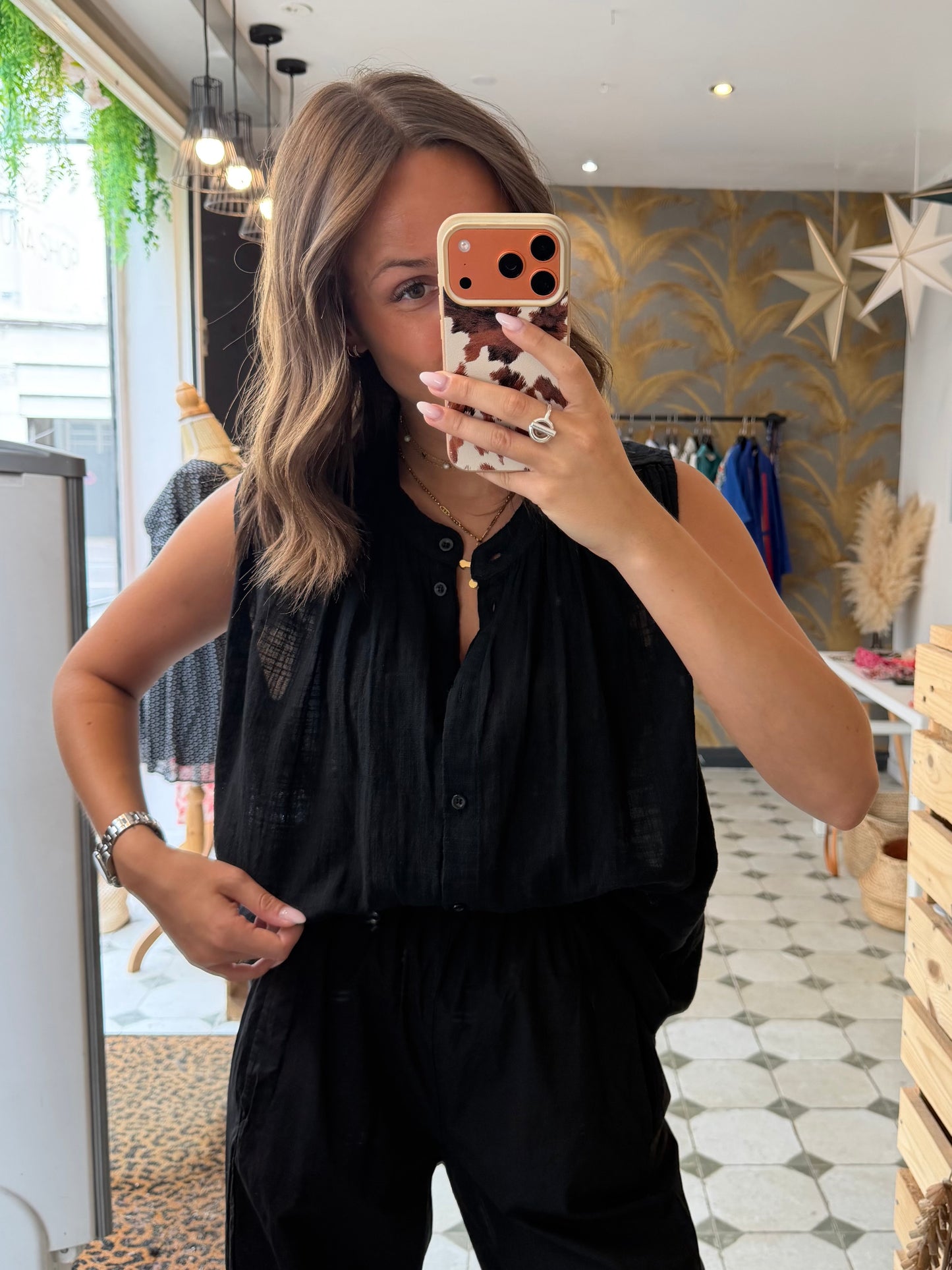 Chemise Clémentine sans manches en garza noire - Johanna Paris