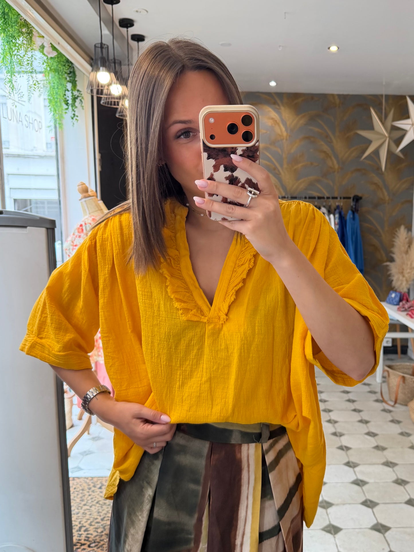 Blouse Aria manches courtes jaune en coton - Johanna Paris