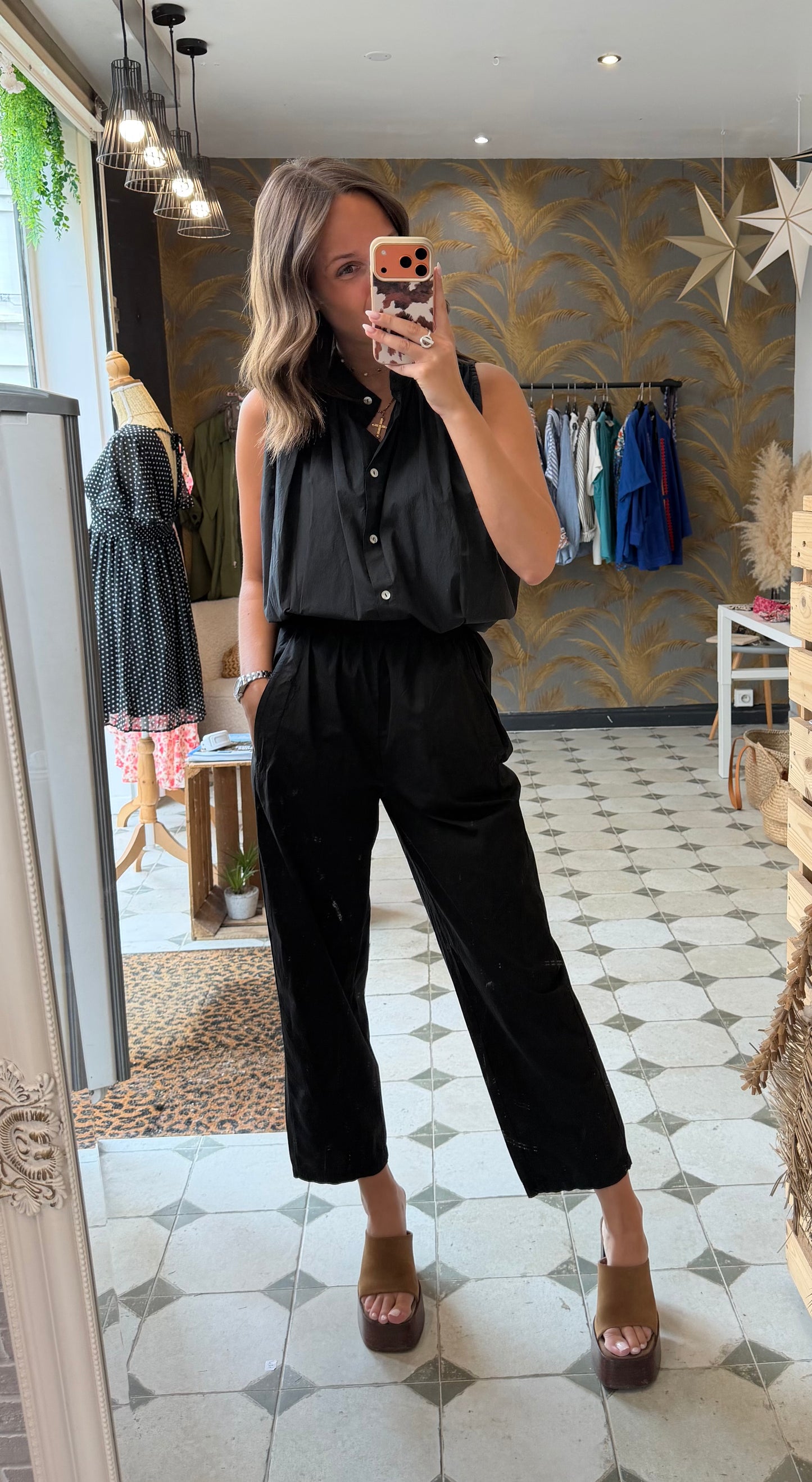 Chemise Clémentine sans manches en toile parachute noir - Johanna Paris