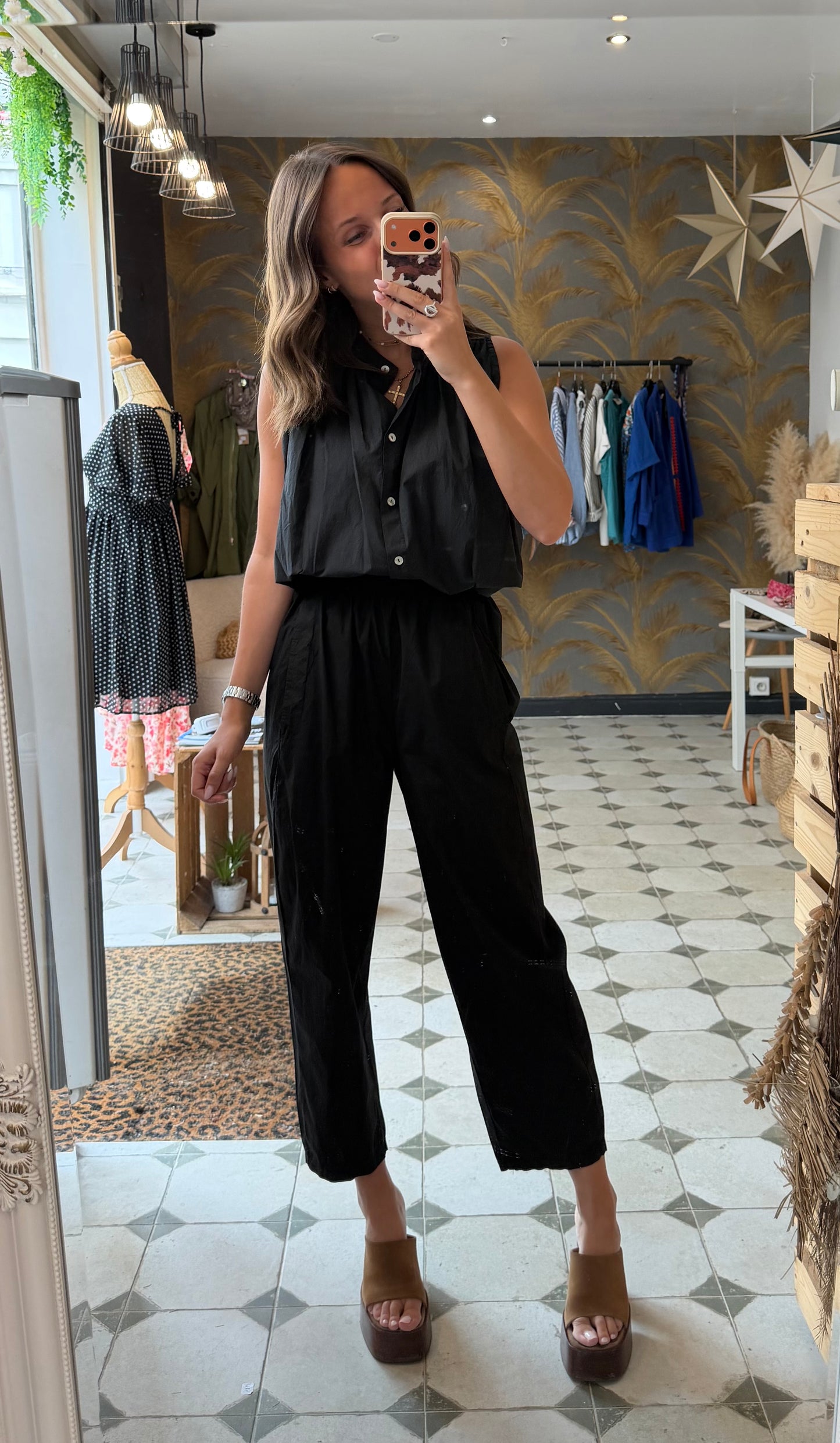 Chemise Clémentine sans manches en toile parachute noir - Johanna Paris