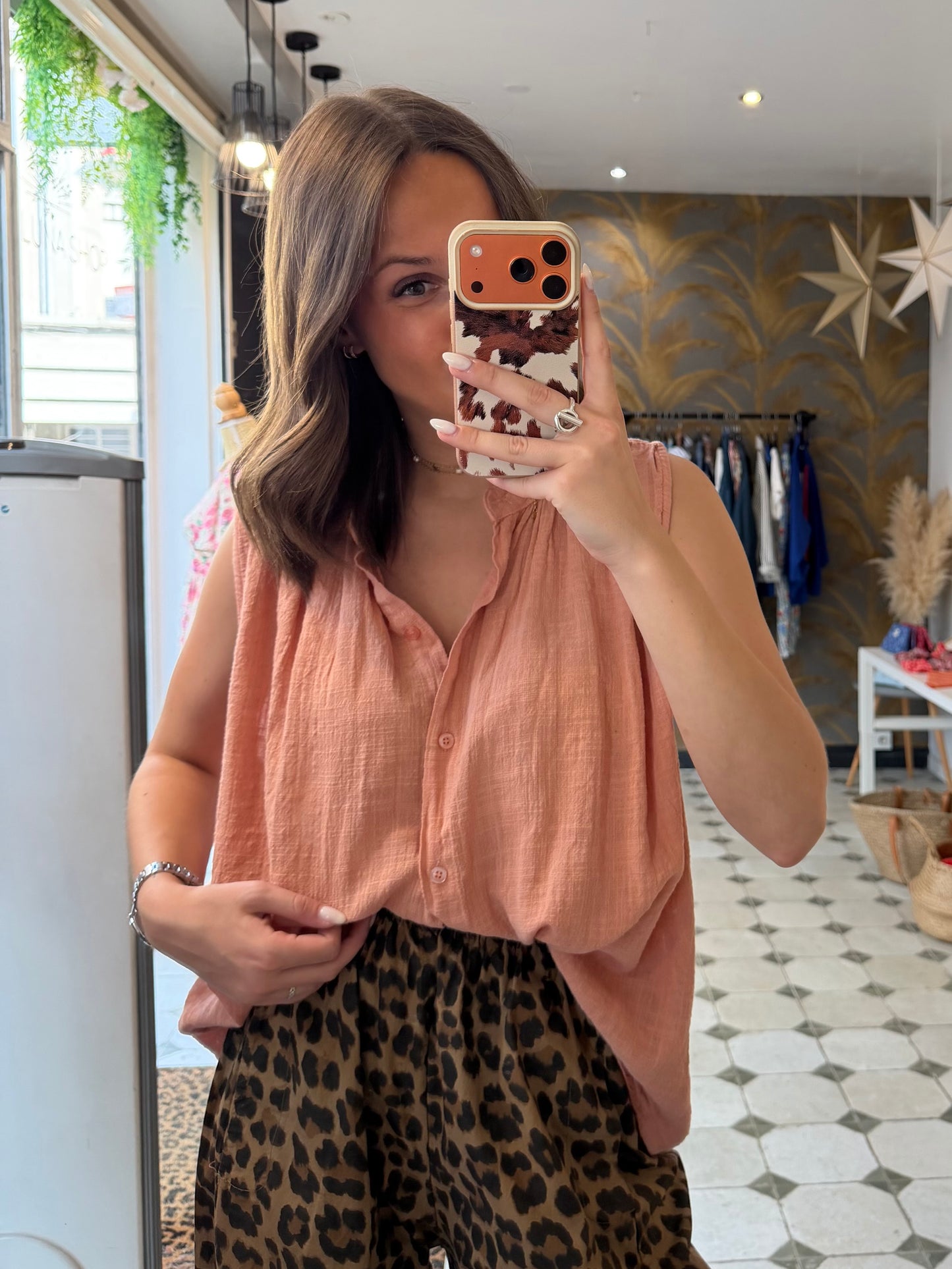 Chemise Clémentine sans manches en garza rose poudré - Johanna Paris