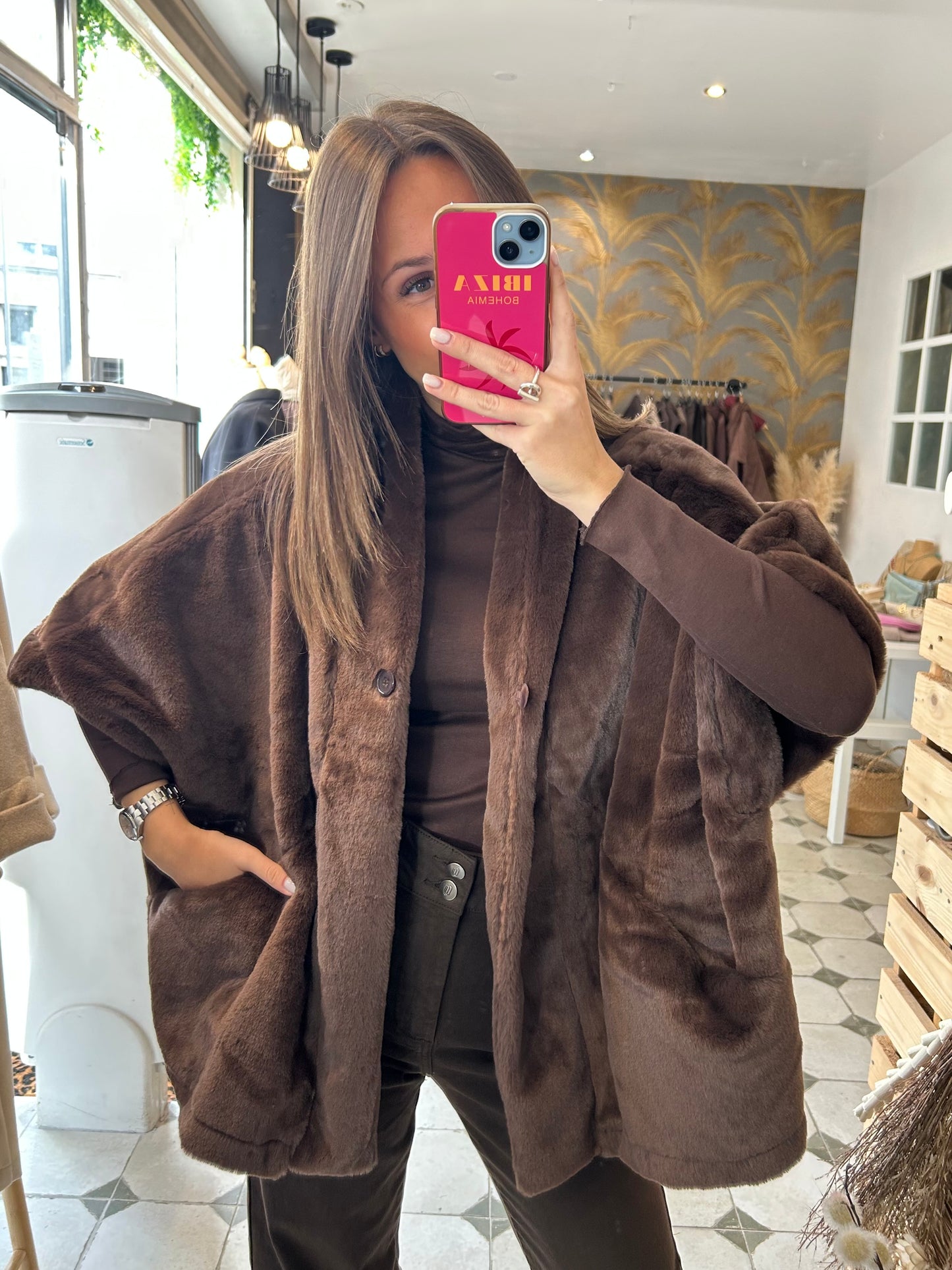 Veste/Cape en fausse fourrure chocolat