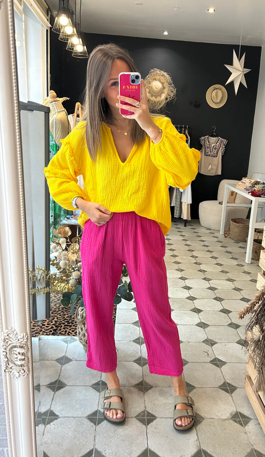 Pantalon Magique en gaze de coton rose fuchsia- Johanna Paris