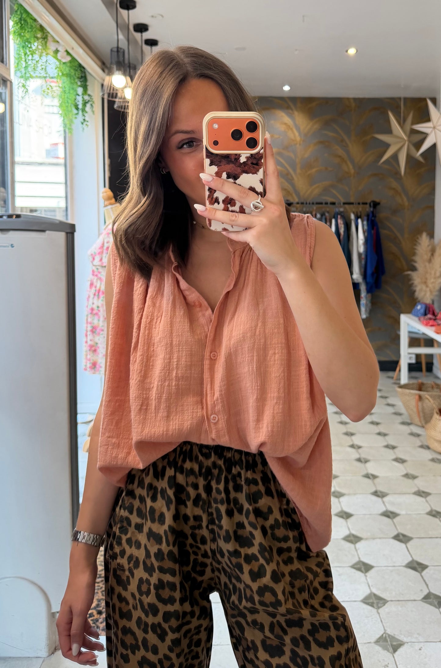 Chemise Clémentine sans manches en garza rose poudré - Johanna Paris