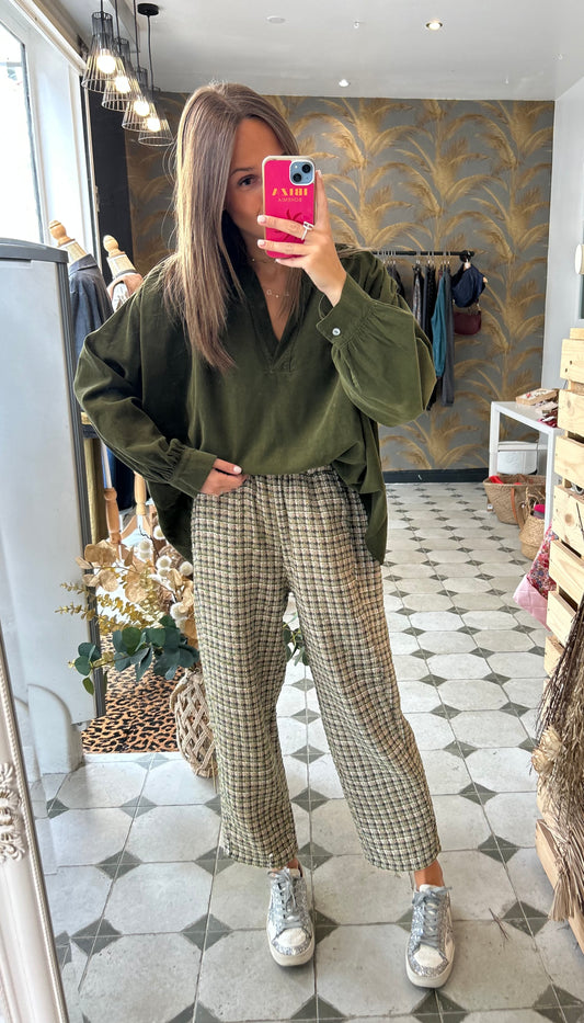 Pantalon magique en tweed vert olive - Johanna Paris