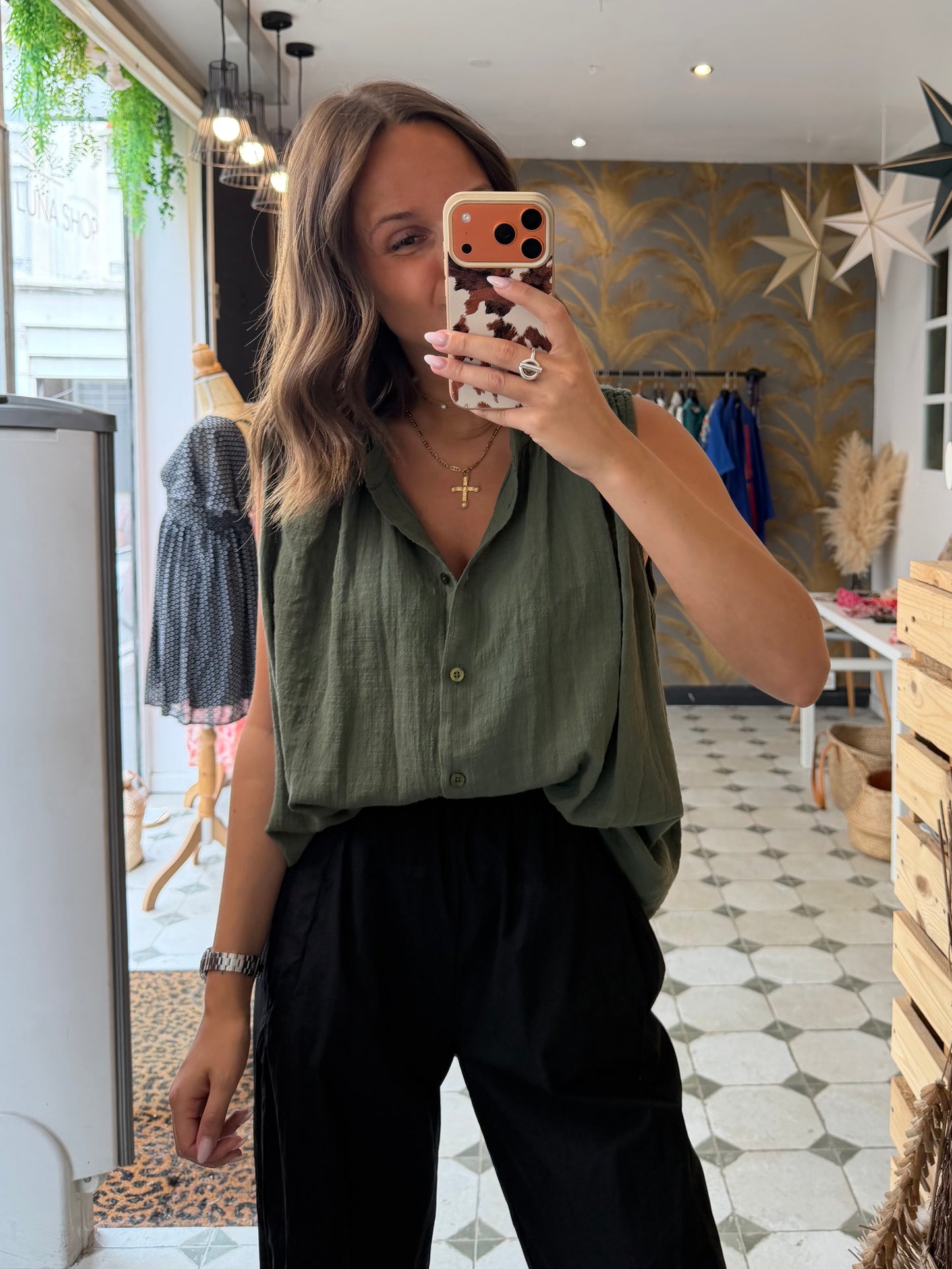 Chemise Clémentine sans manches en garza kaki - Johanna Paris