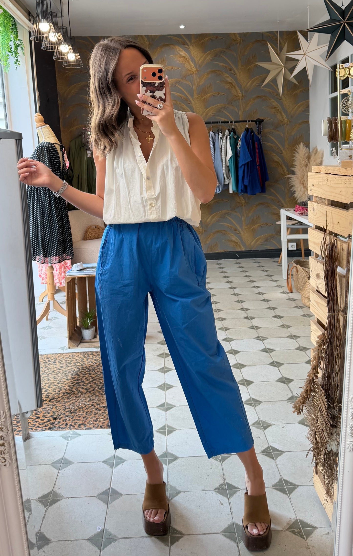 Pantalon Magique en toile fine bleu azur - Johanna Paris