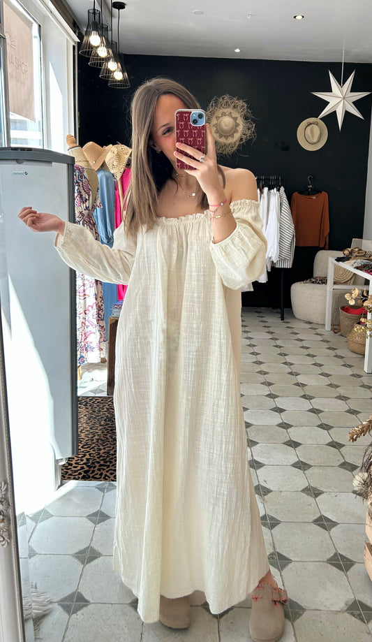 Robe longue col bardot écru - Johanna Paris