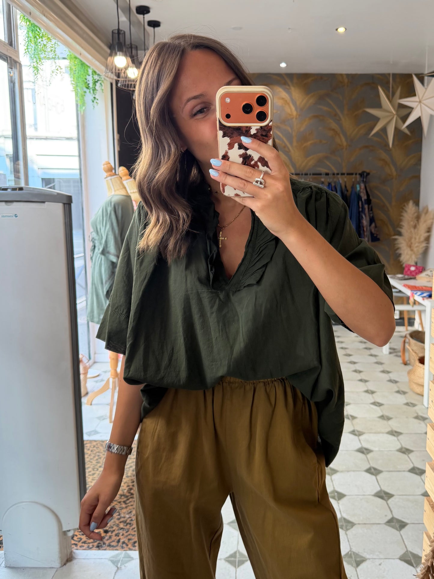Blouse Aria manches courtes kaki en coton - Johanna Paris