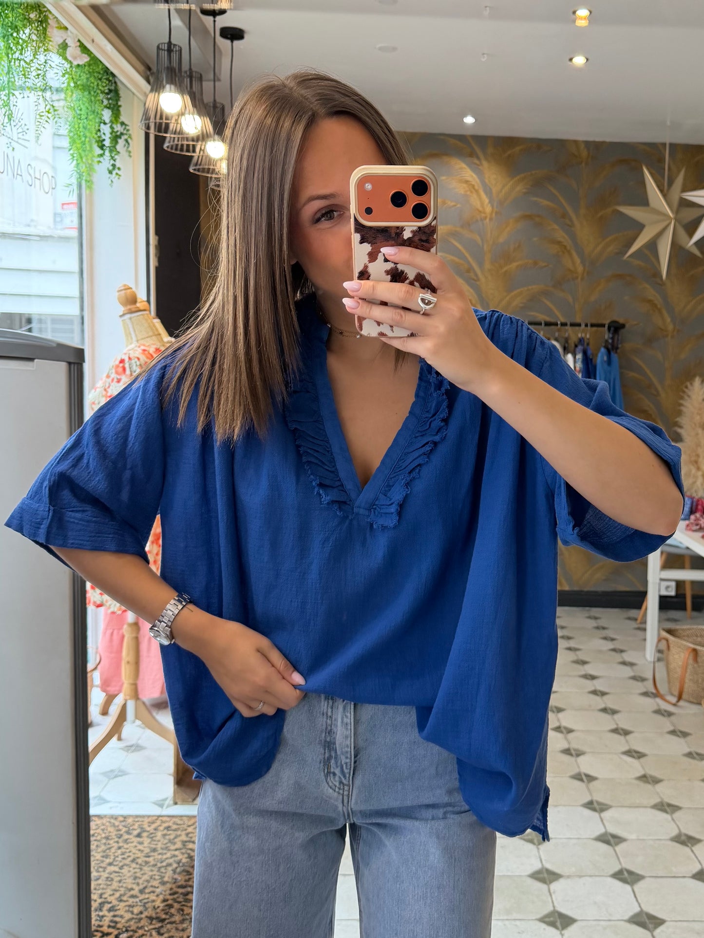 Blouse Aria manches courtes bleu électrique en coton - Johanna Paris