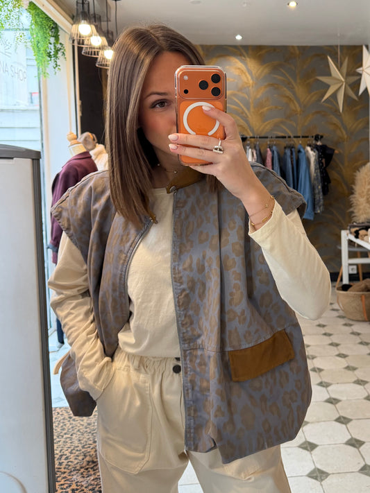 Gilet sans manches Octavie léopard bleu - Johanna Paris