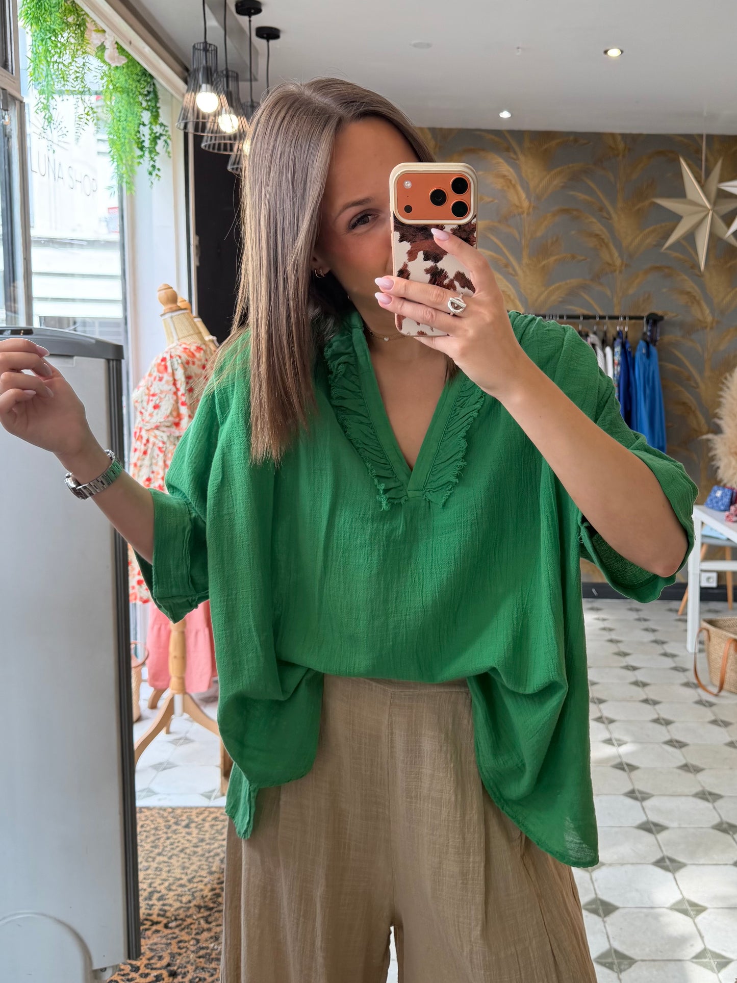 Blouse Aria manches courtes verte en coton - Johanna Paris