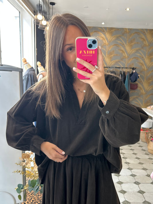 Blouse en velours Solène chocolat - Johanna Paris