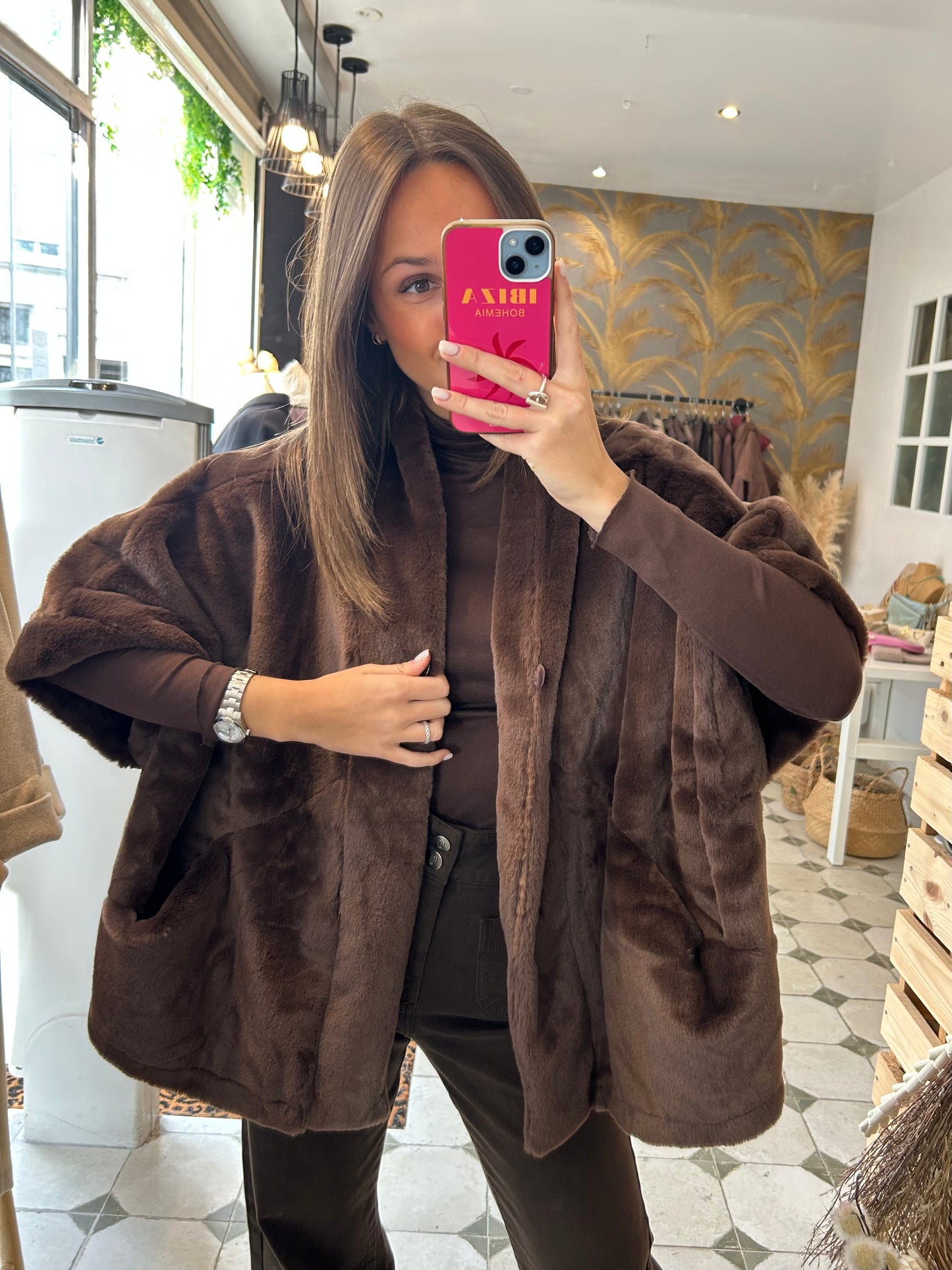 Veste/Cape en fausse fourrure chocolat