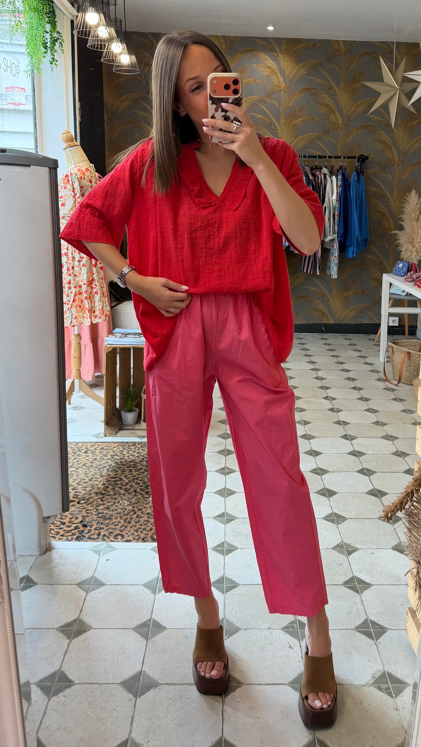 Blouse Aria manches courtes rouge en Garza - Johanna Paris