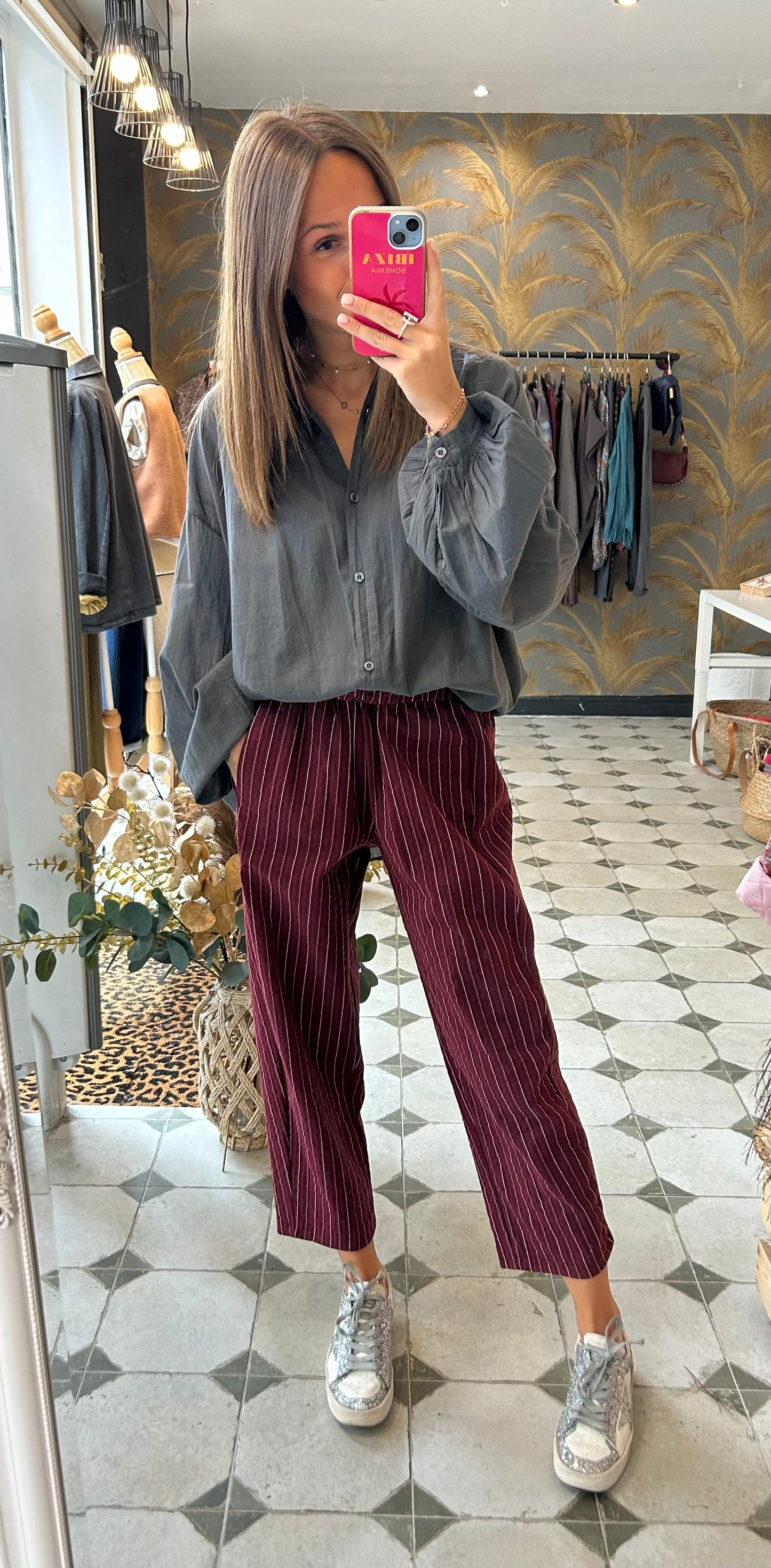 Pantalon Magique rayé bordeaux- Johanna Paris