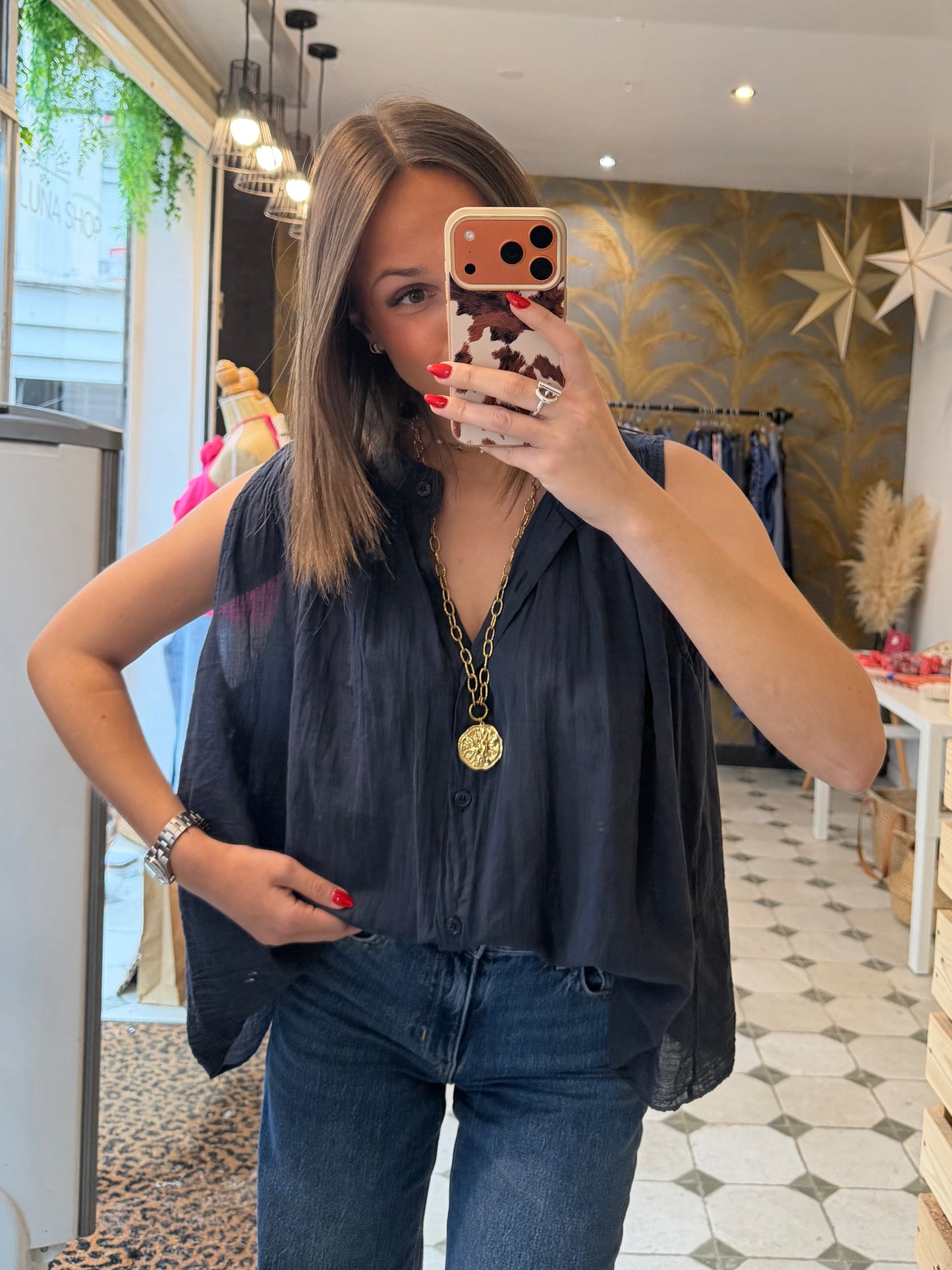 Chemise Clémentine sans manches Bleu marine - Johanna Paris