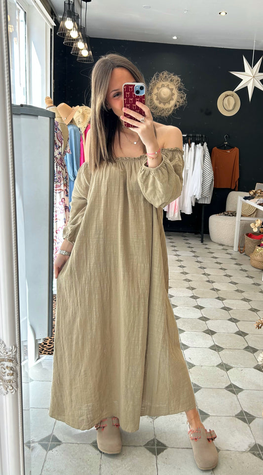 Robe longue col bardot camel - Johanna Paris