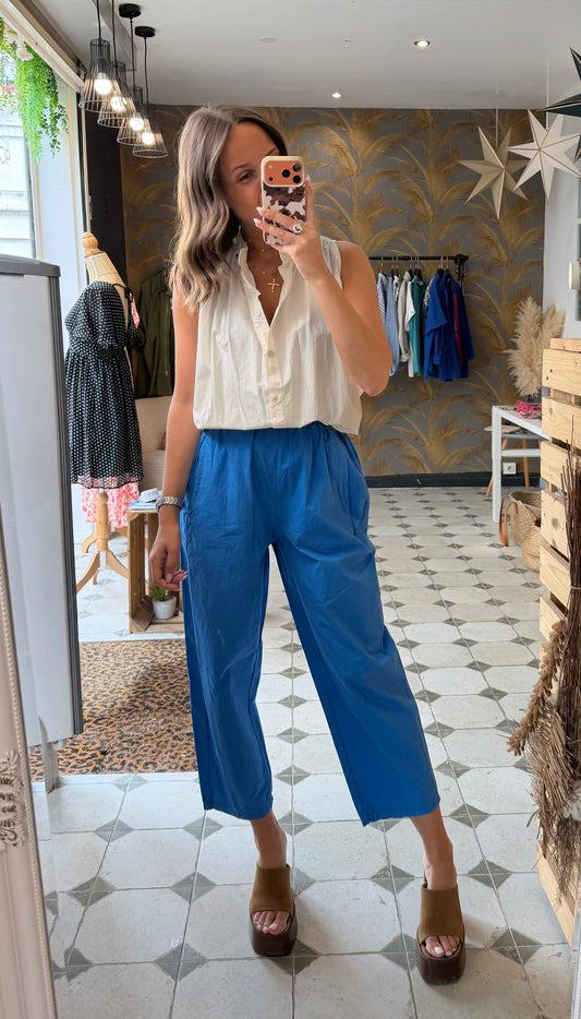 Pantalon Magique en toile fine bleu azur - Johanna Paris