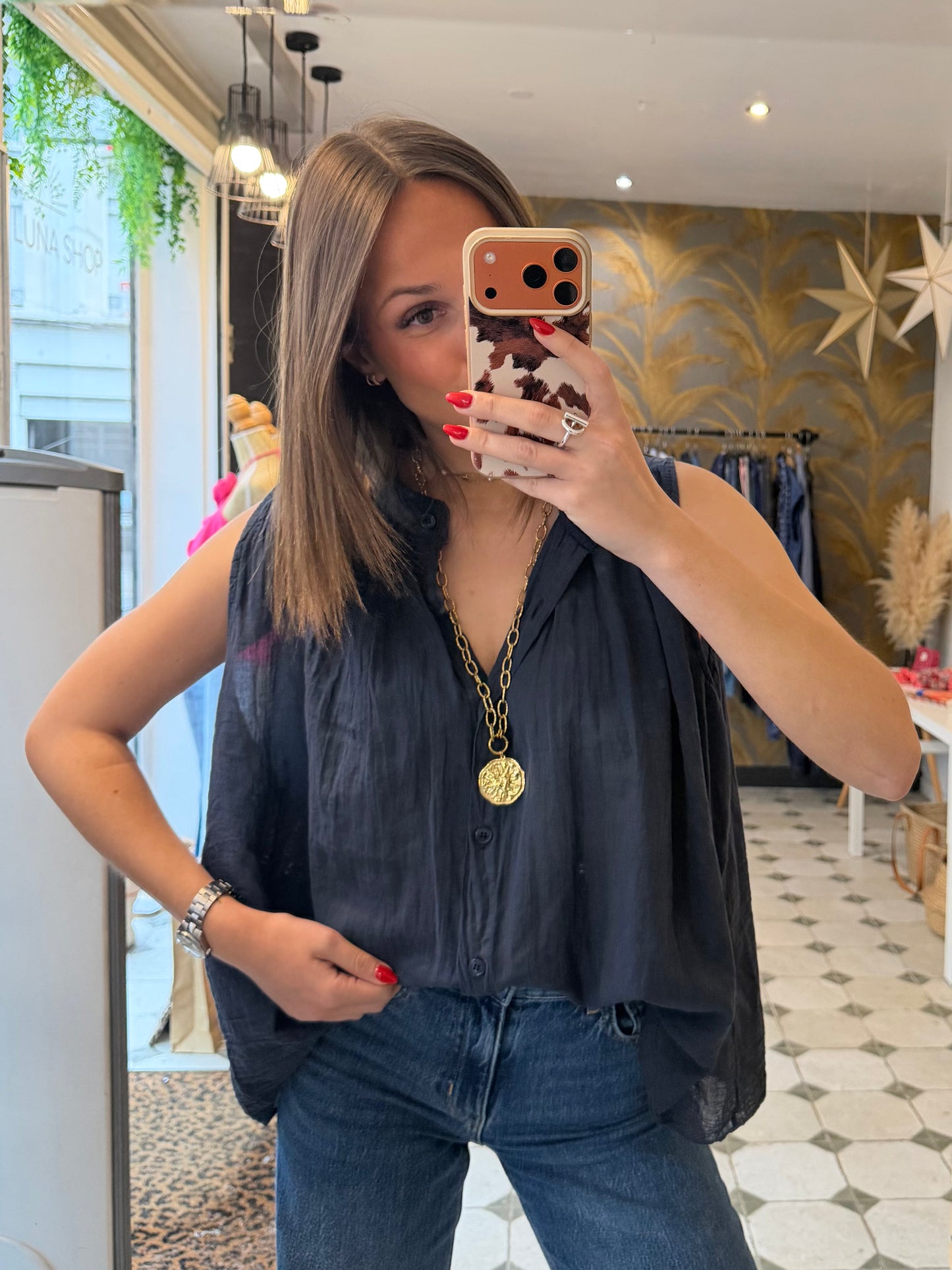 Chemise Clémentine sans manches Bleu marine - Johanna Paris