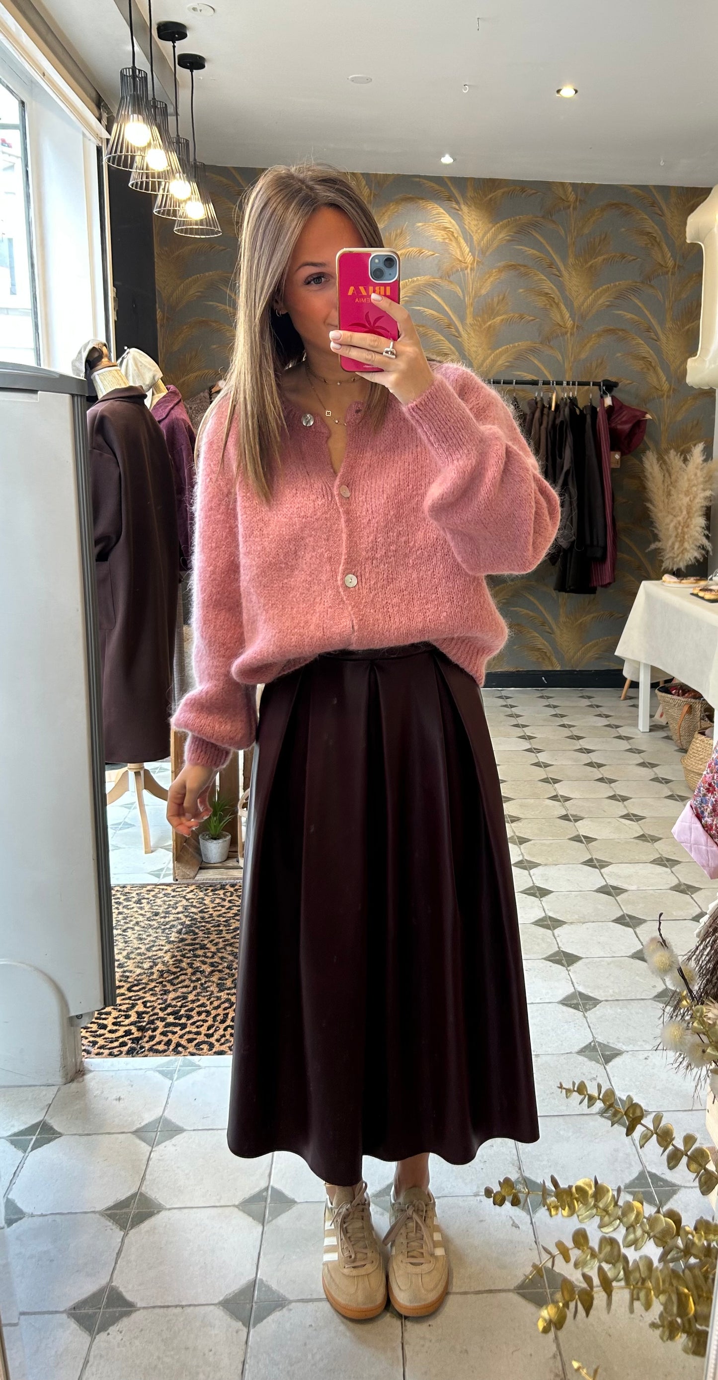 Jupe longue Marlène en simili-cuir prune - Johanna Paris